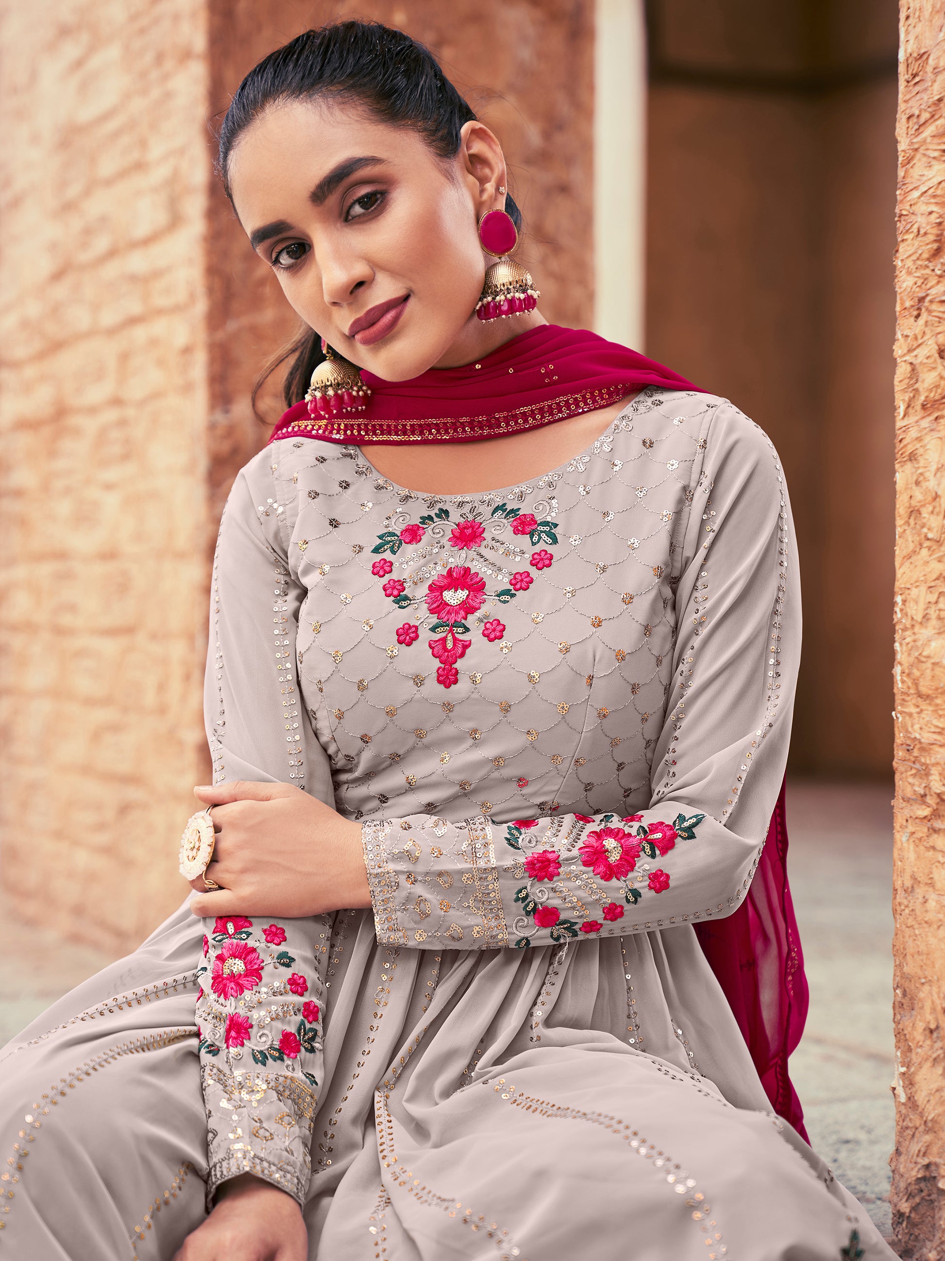 Attractive Grey Embroidered Georgette Readymade Palazzo Suit