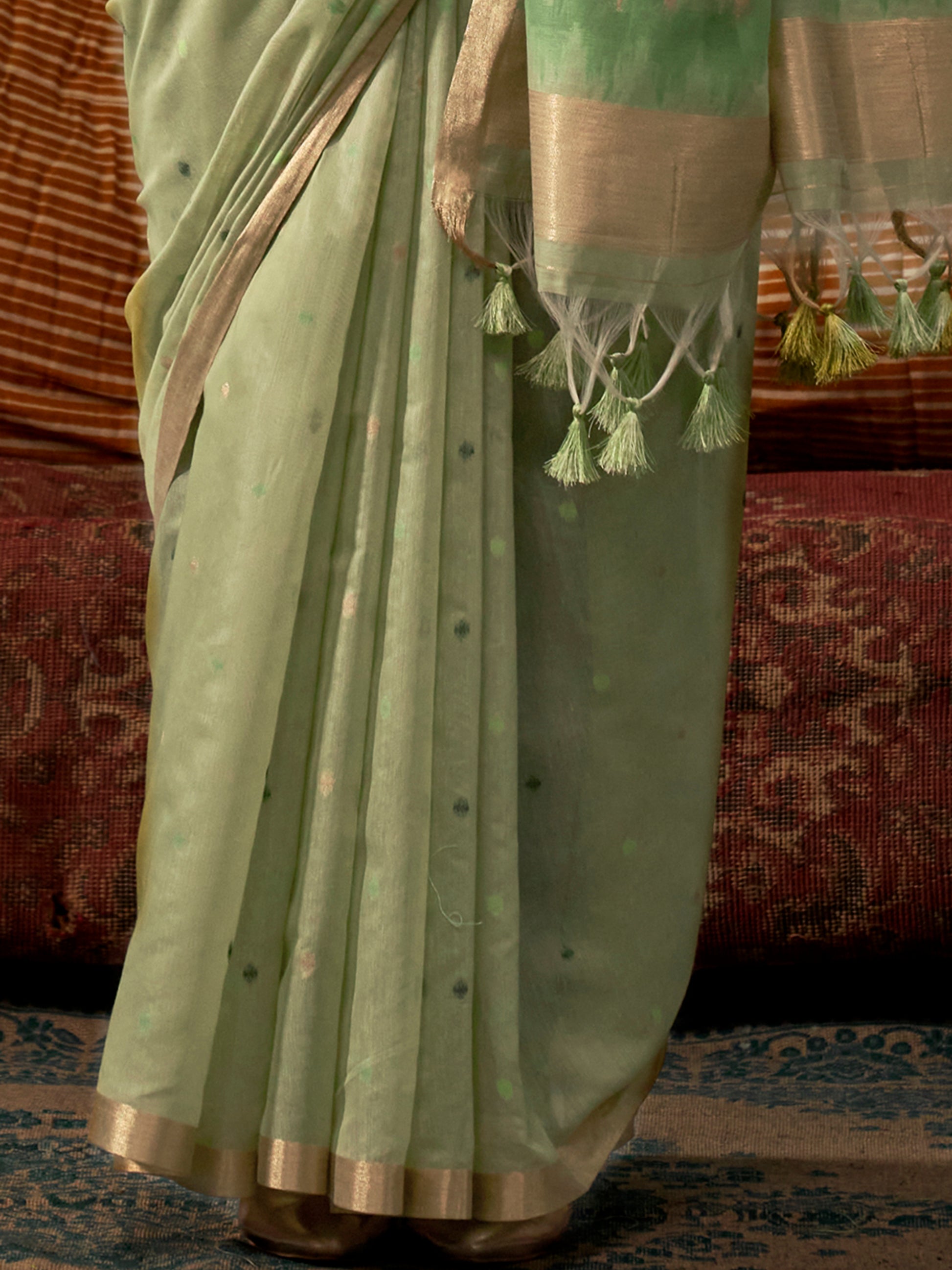 Captivating Pista Green Zari Weaving Silk Festival Wear Saree With Blouse