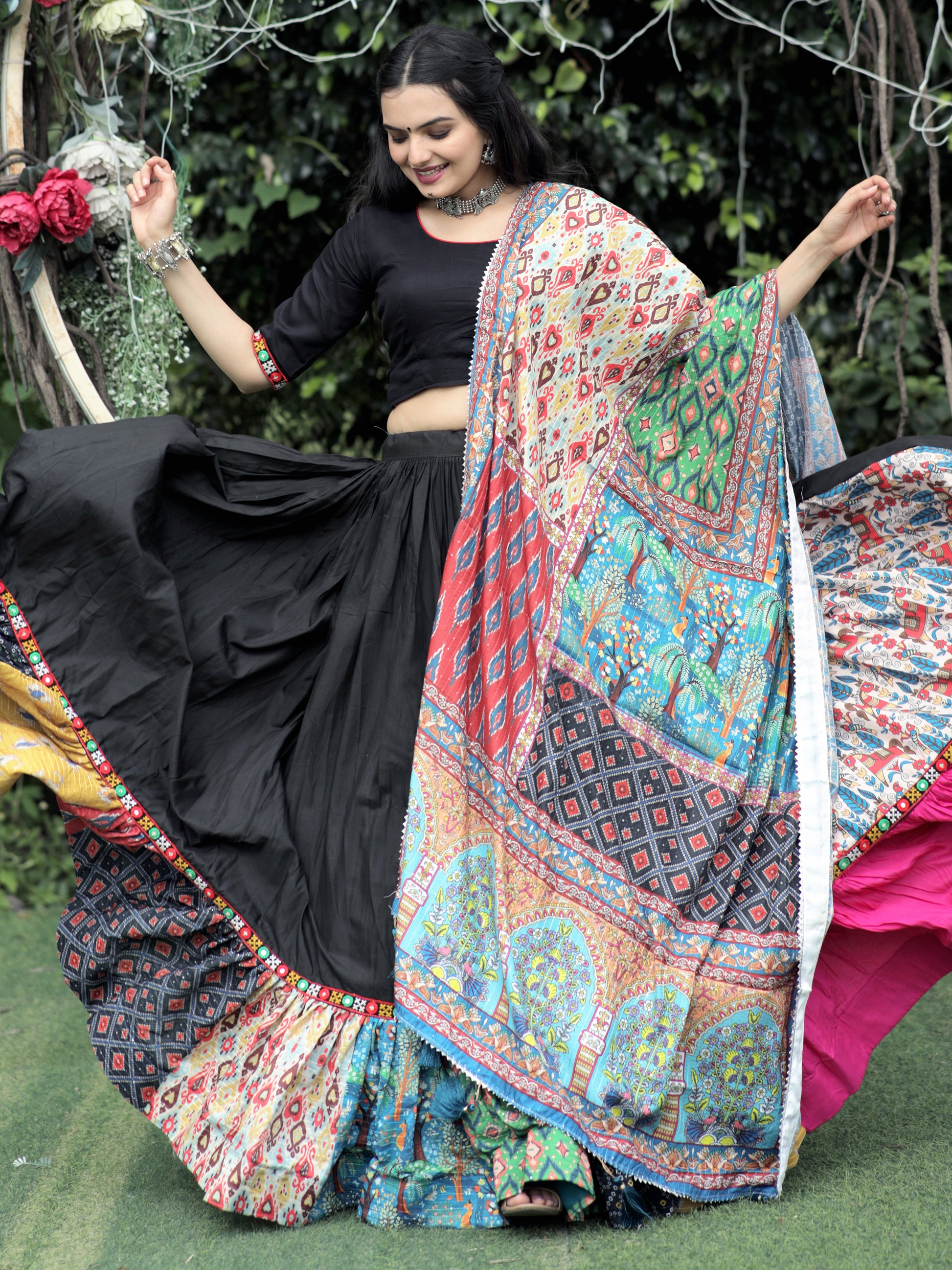 Charming Black Printed Rayon Navratri Lehenga Choli With Dupatta