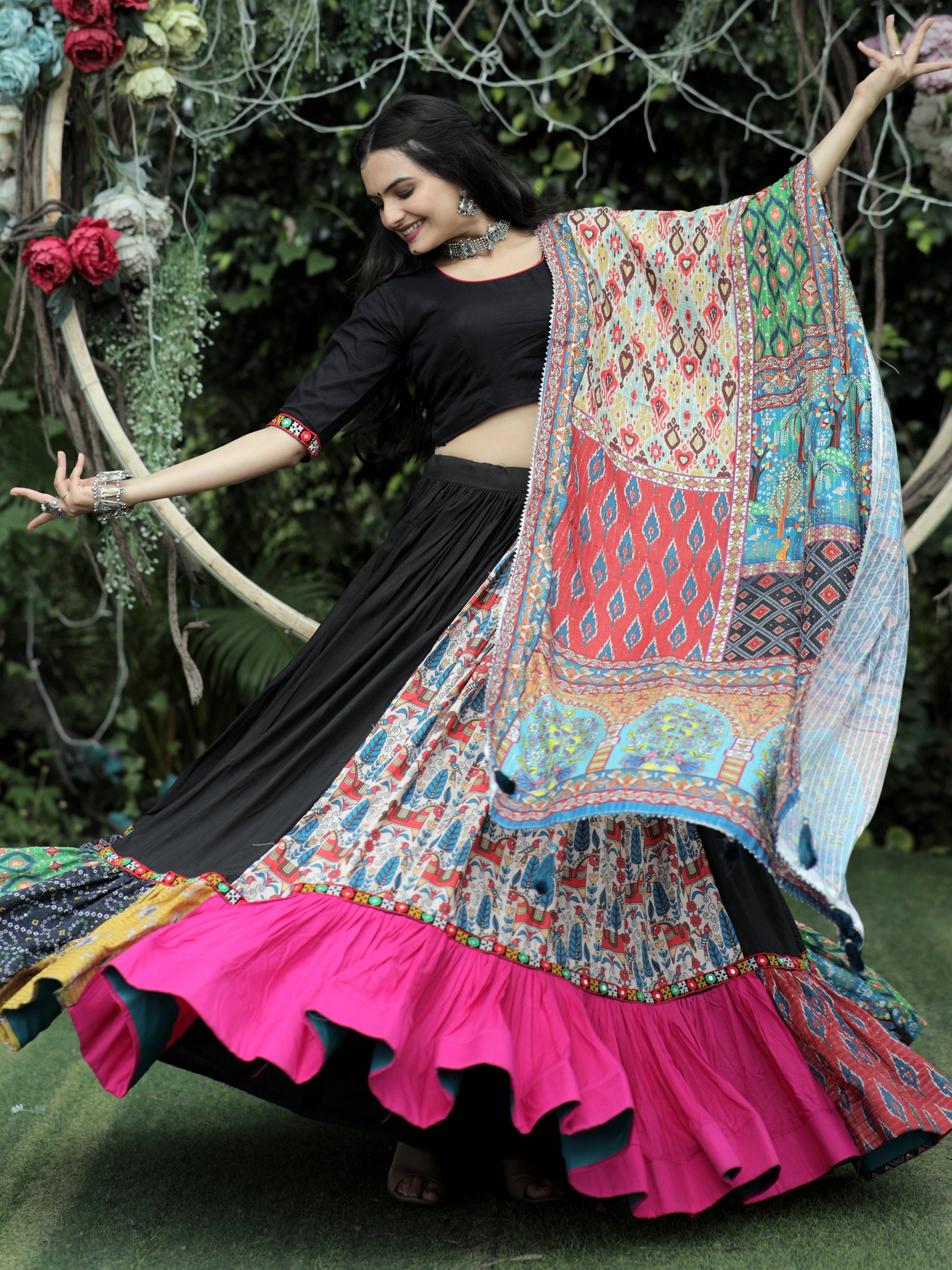 Charming Black Printed Rayon Navratri Lehenga Choli With Dupatta