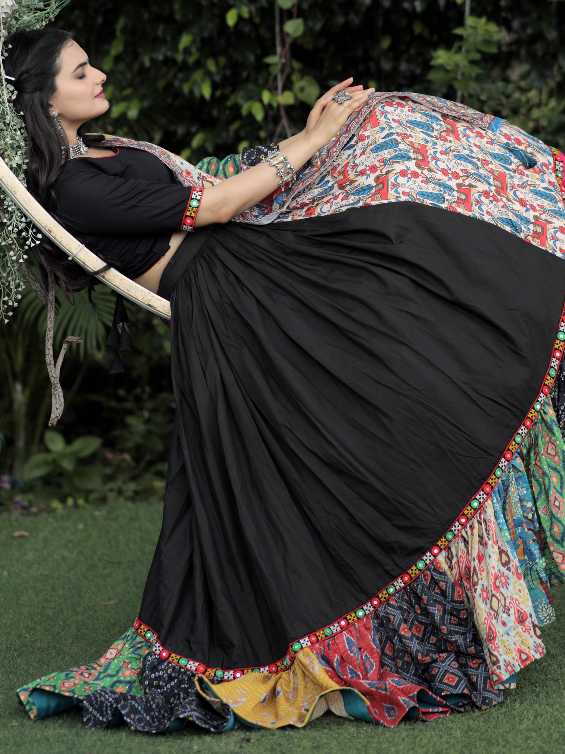 Charming Black Printed Rayon Navratri Lehenga Choli With Dupatta