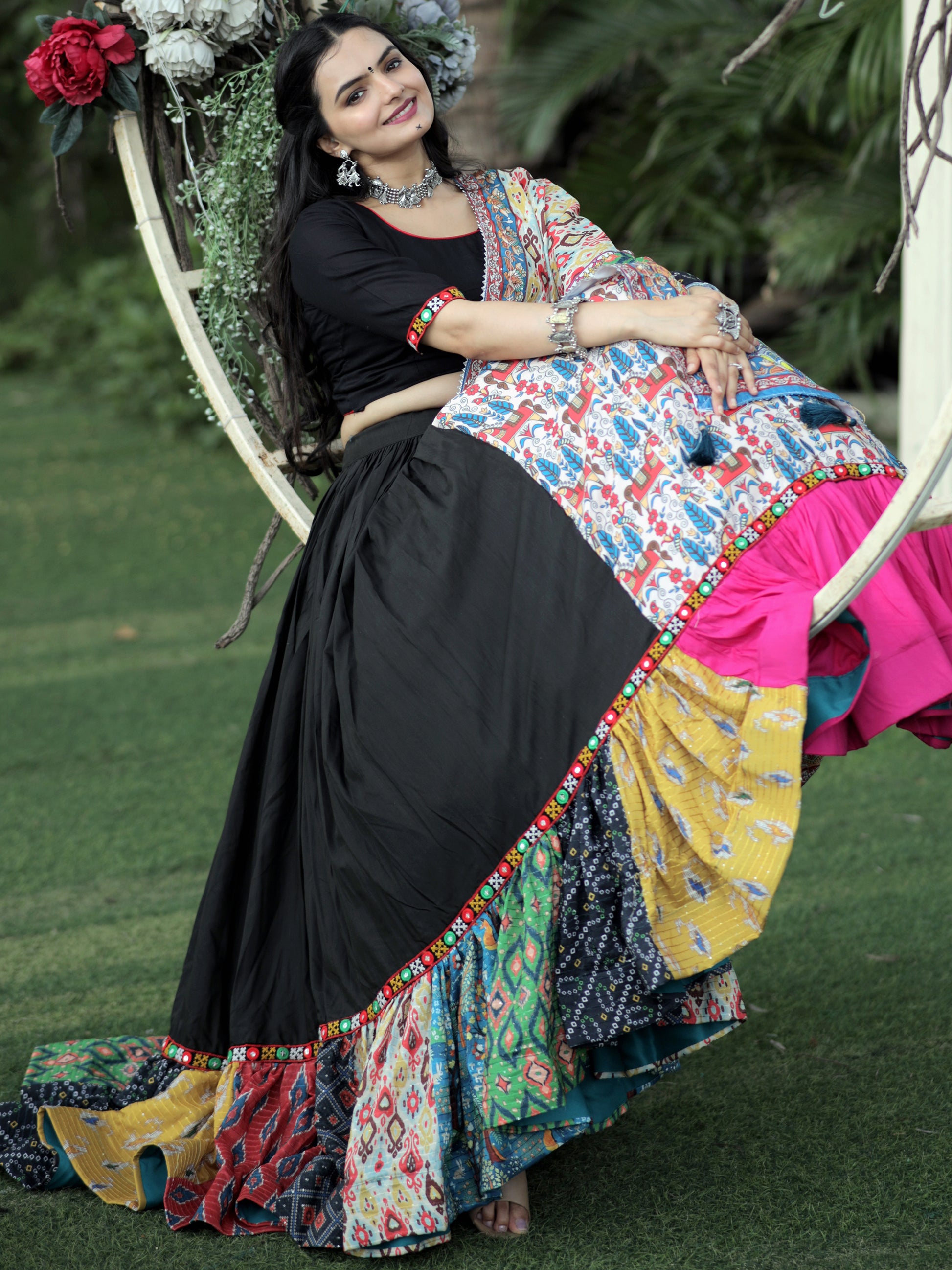 Charming Black Printed Rayon Navratri Lehenga Choli With Dupatta