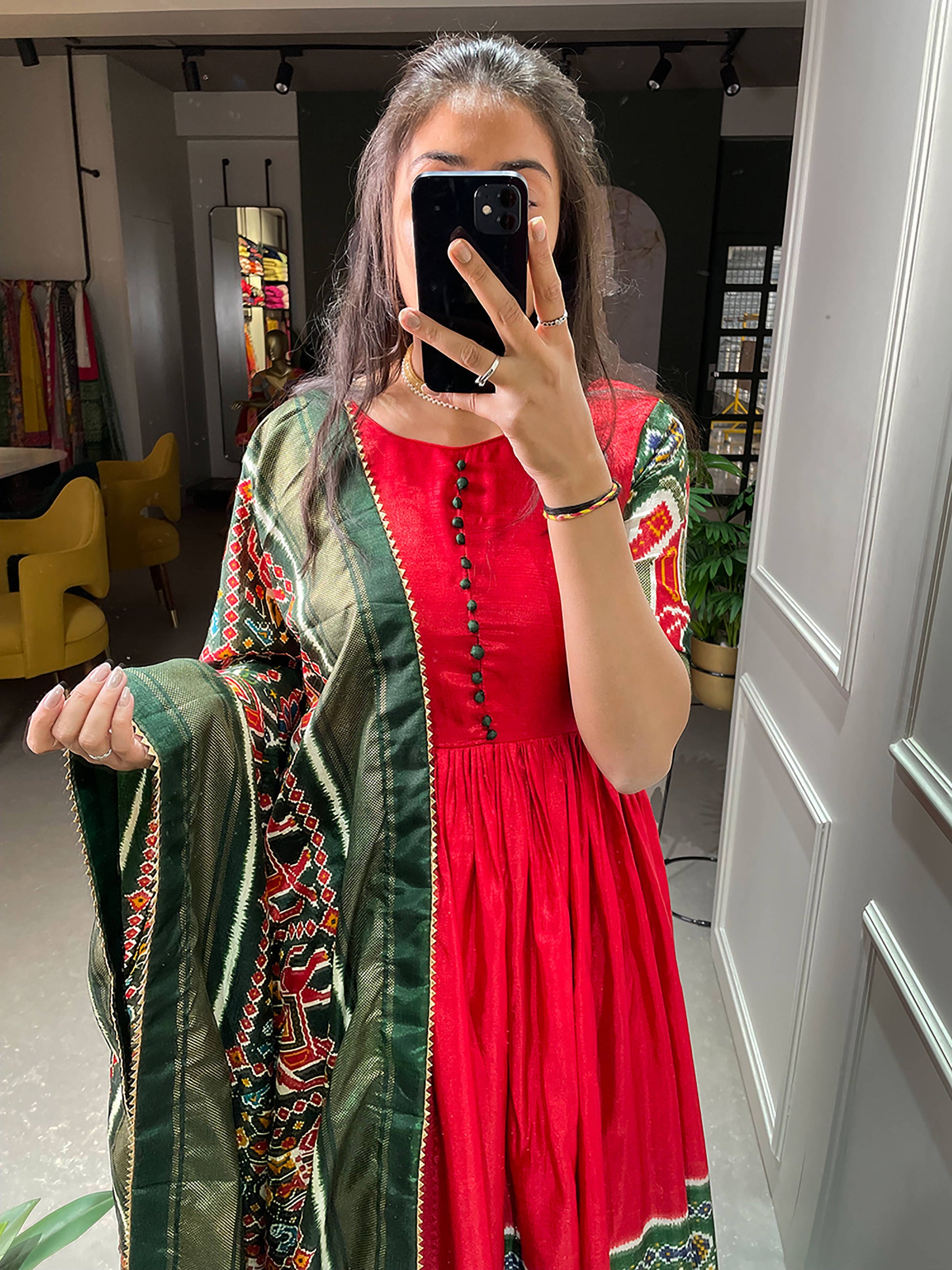 Attractive Red Patola Printed Dola Silk Traditional Gown With Dupatta