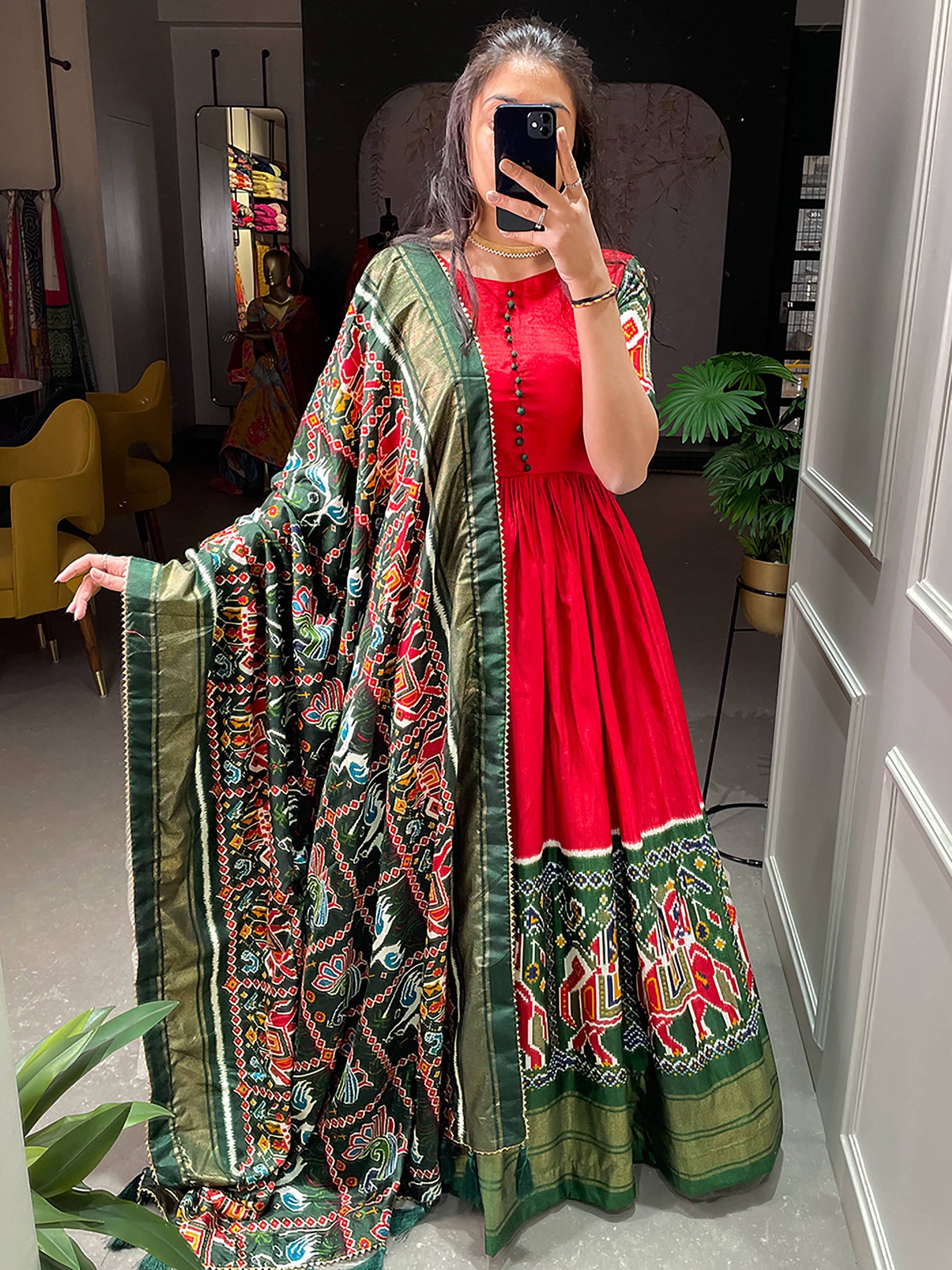 Attractive Red Patola Printed Dola Silk Traditional Gown With Dupatta