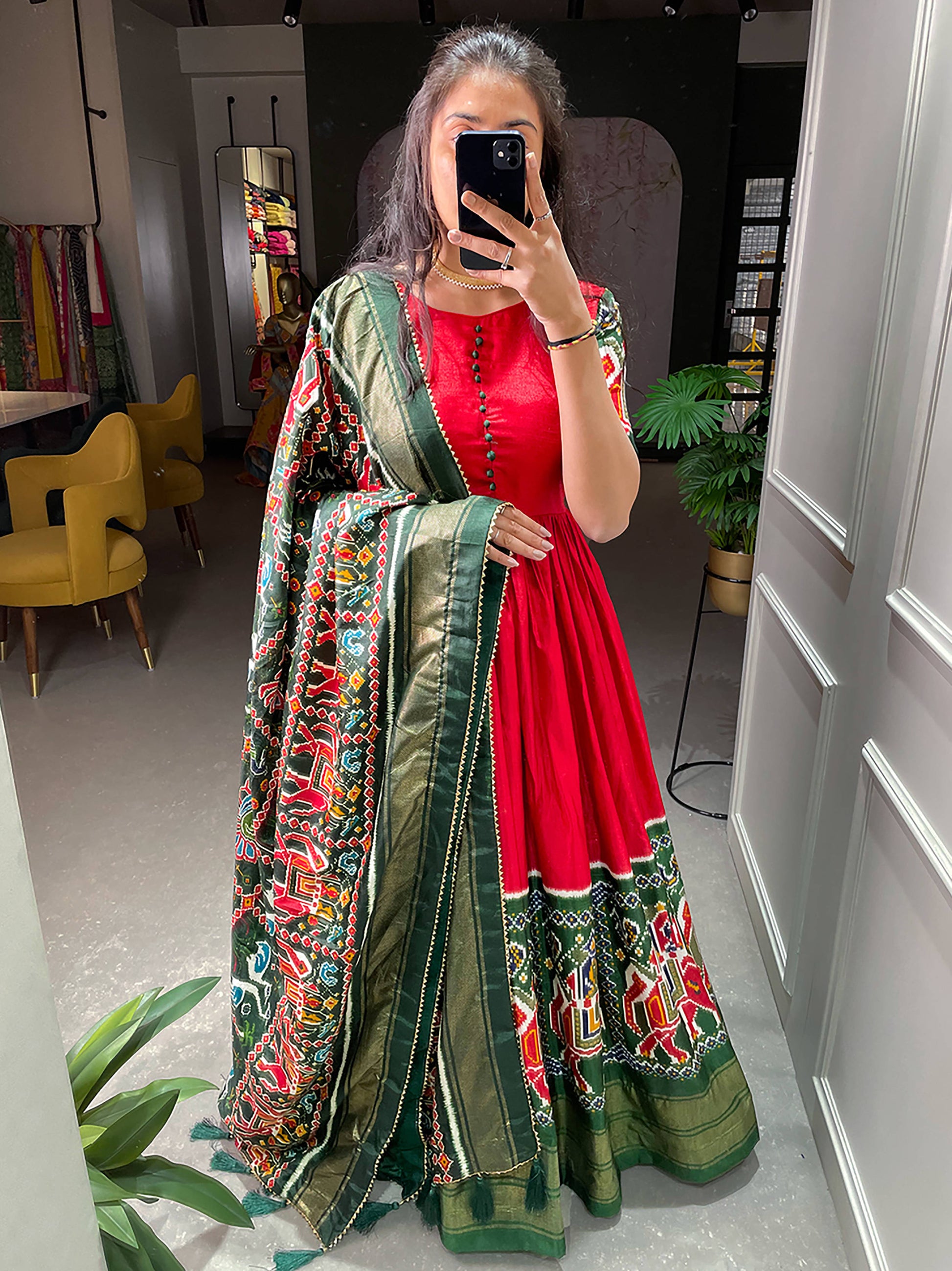 Attractive Red Patola Printed Dola Silk Traditional Gown With Dupatta