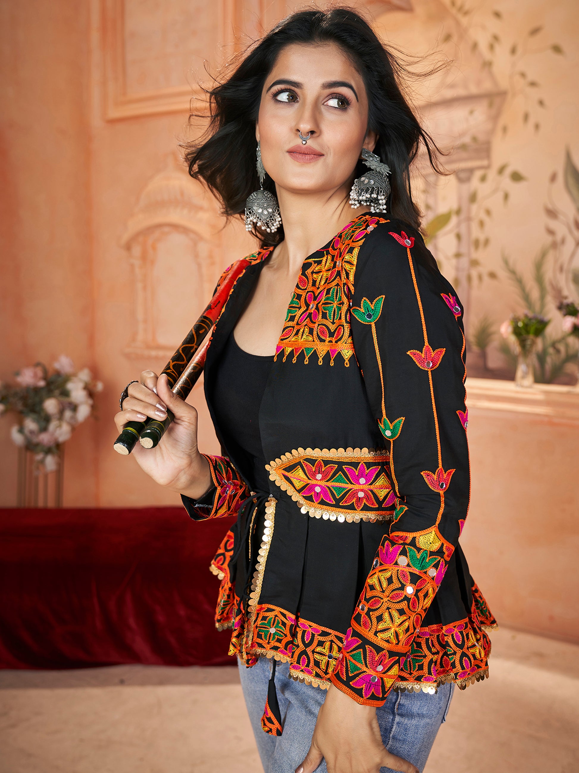 Beautiful Black Embroidered Silk Navratri Wear Kediya Style Kurti