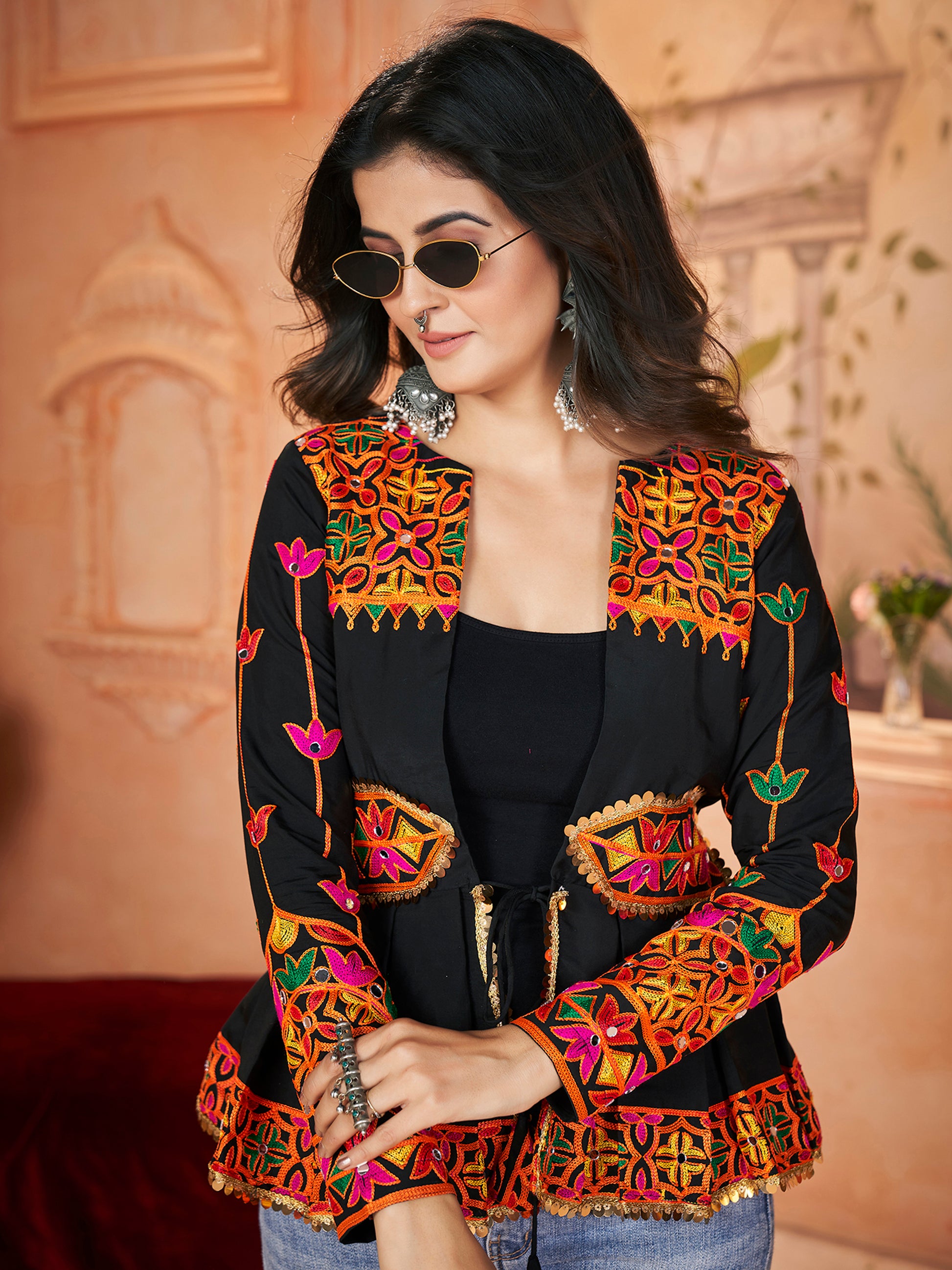 Beautiful Black Embroidered Silk Navratri Wear Kediya Style Kurti