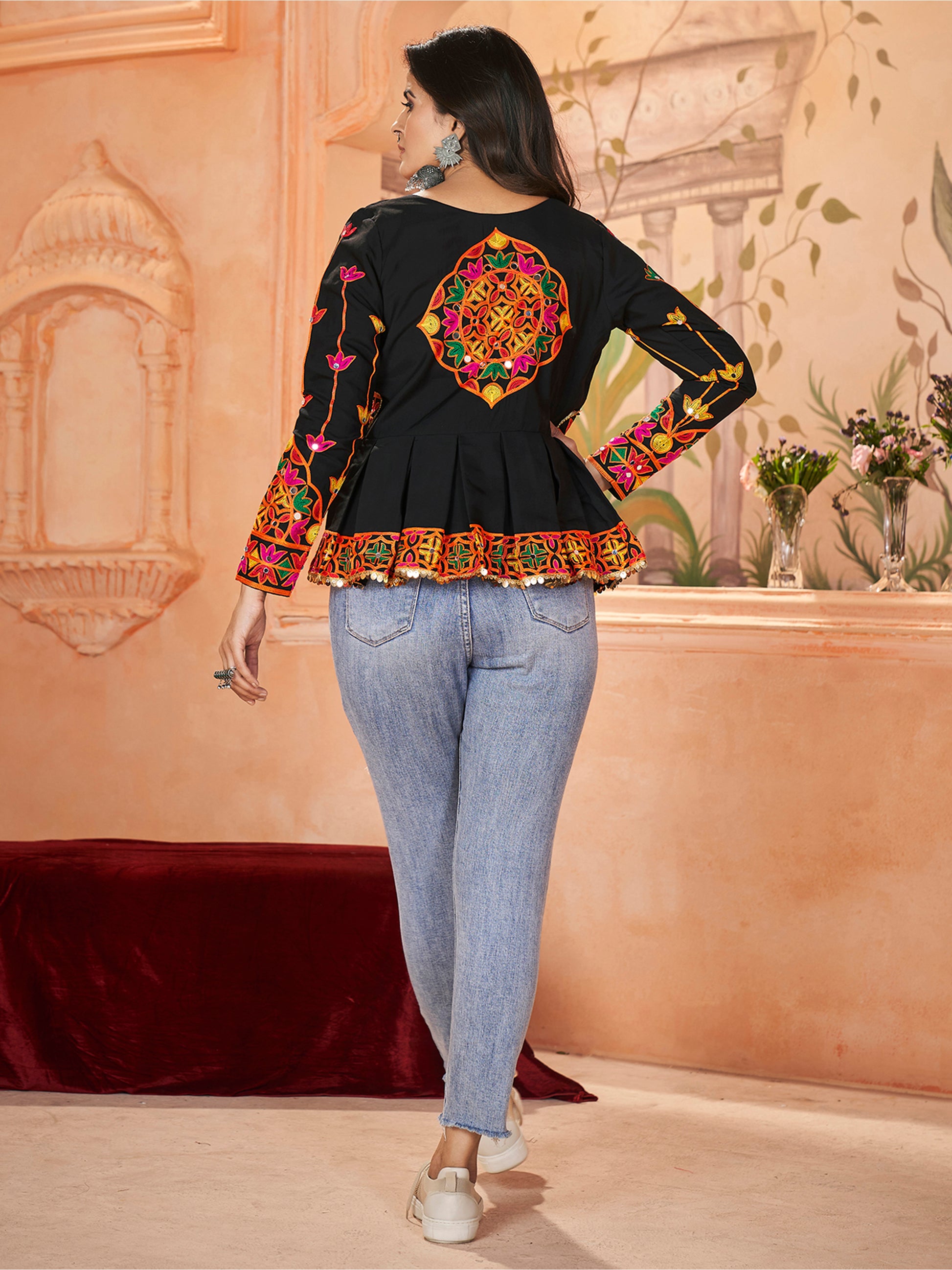Beautiful Black Embroidered Silk Navratri Wear Kediya Style Kurti