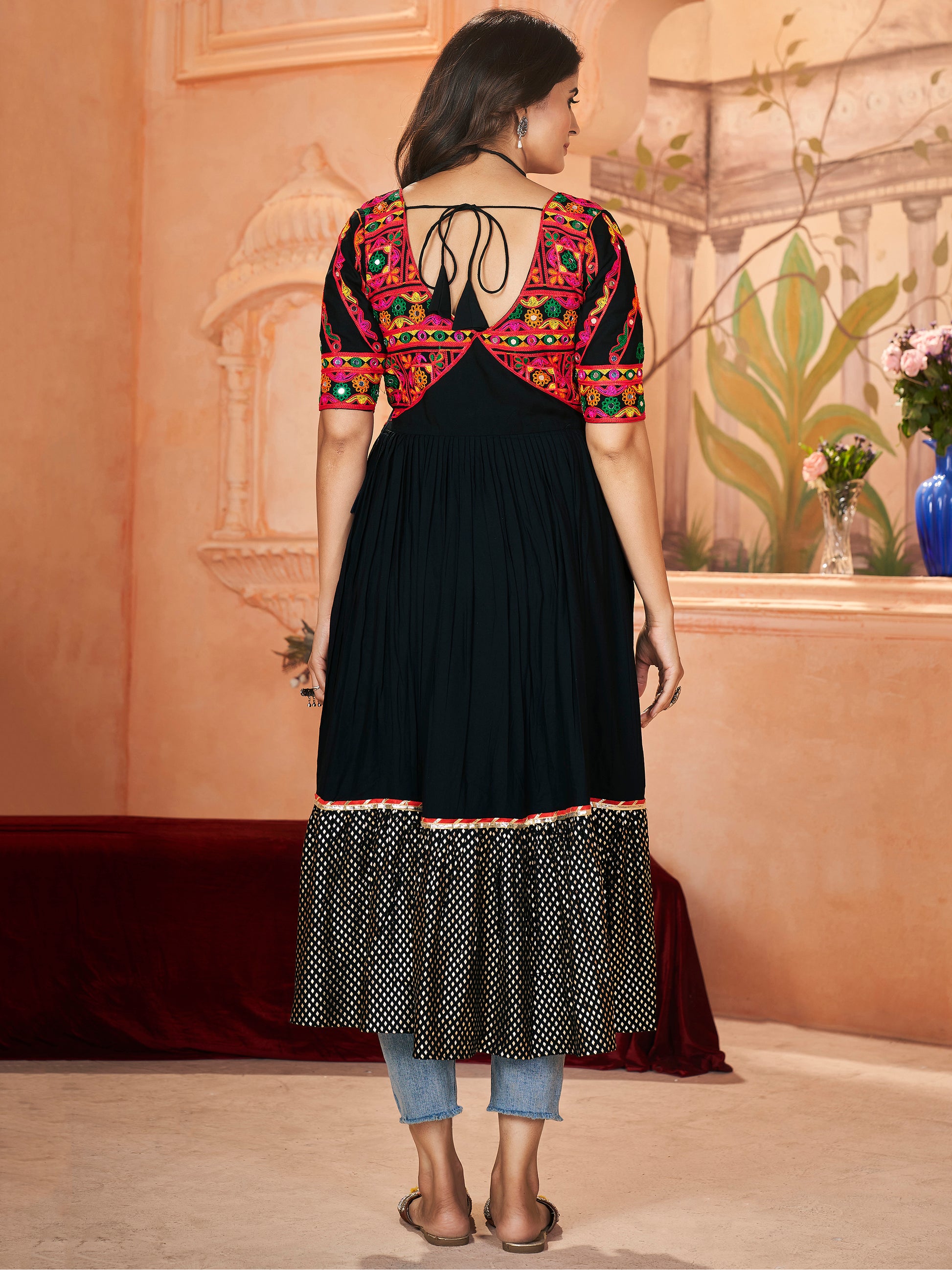 Astonishing Black Embroidered Rayon Navratri Wear Long Kurti