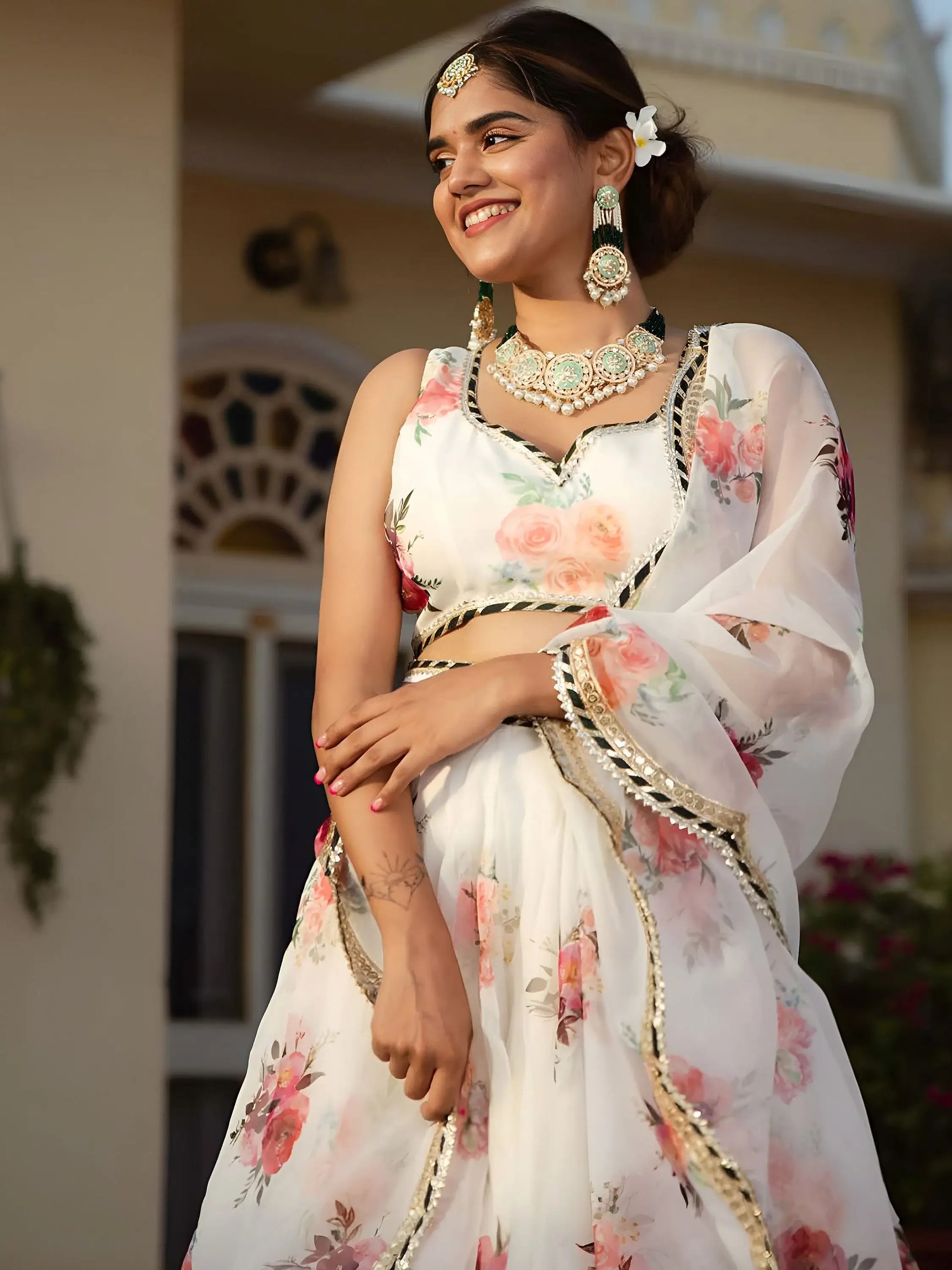 Elegant Designer White Printed Organza Lehenga Choli For Women