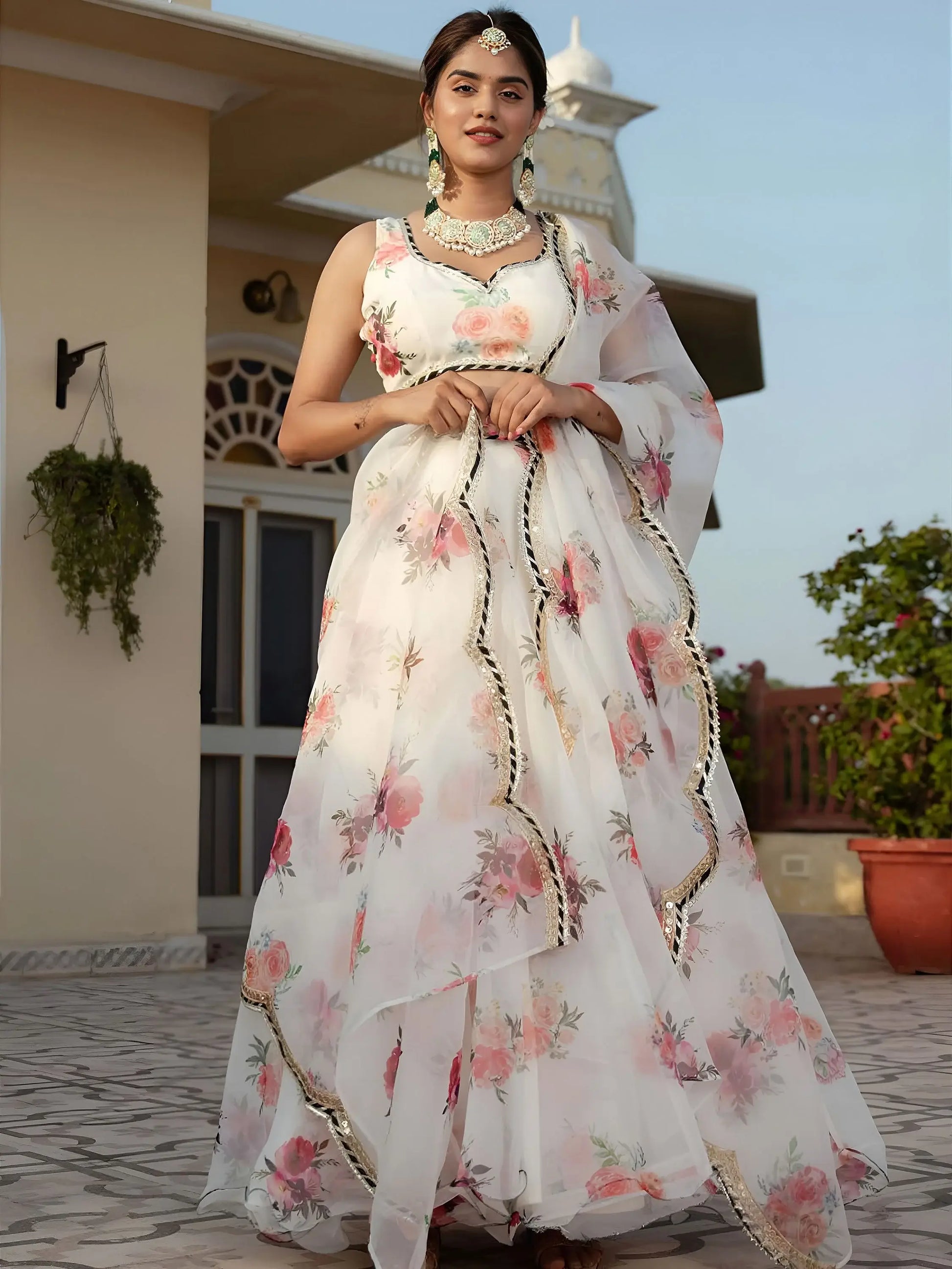 Elegant Designer White Printed Organza Lehenga Choli For Women
