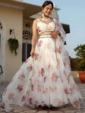 Elegant Designer White Printed Organza Lehenga Choli For Women