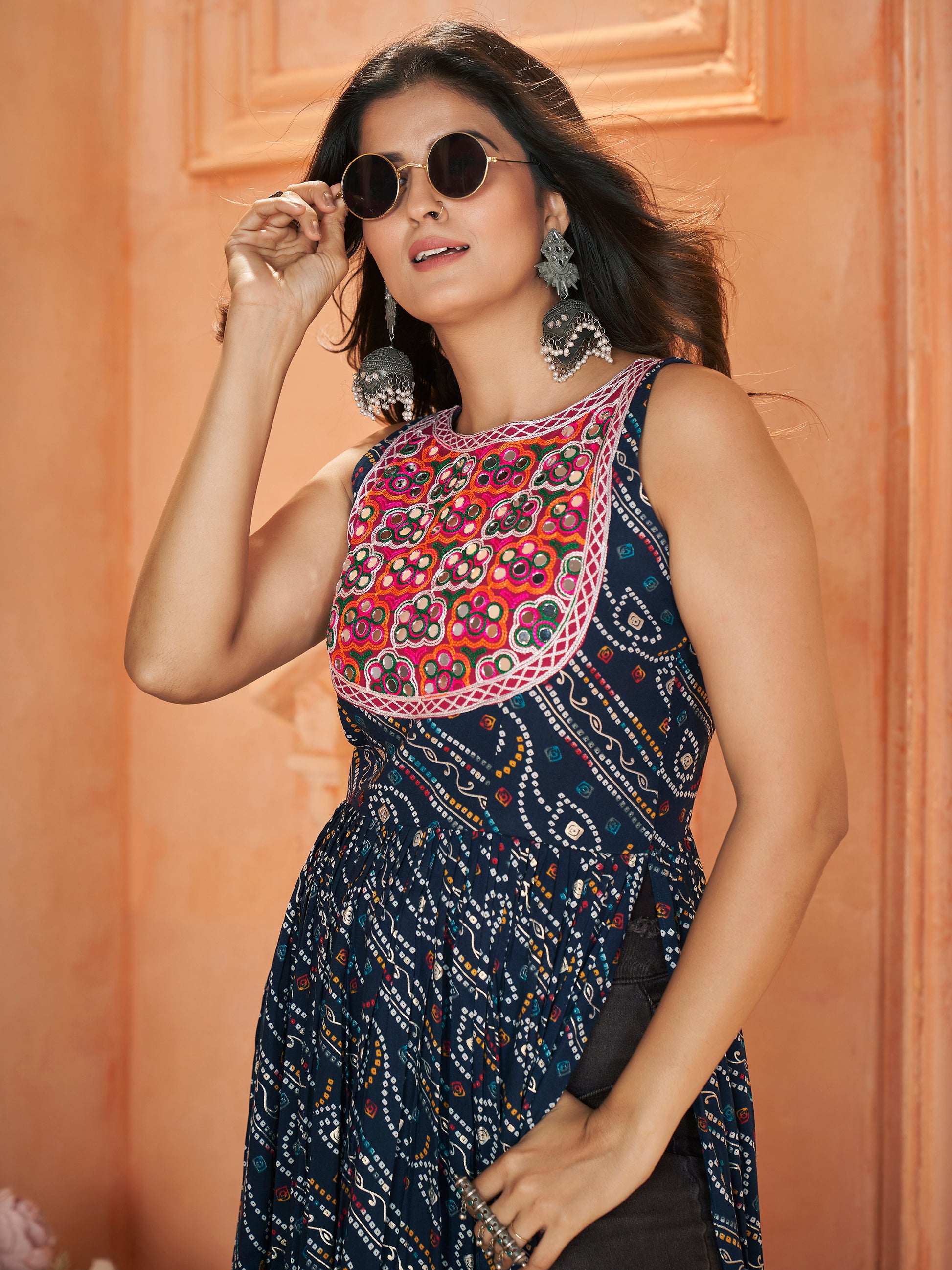 Marvelous Navy Blue Embroidered Rayon Navratri Wear Kurti