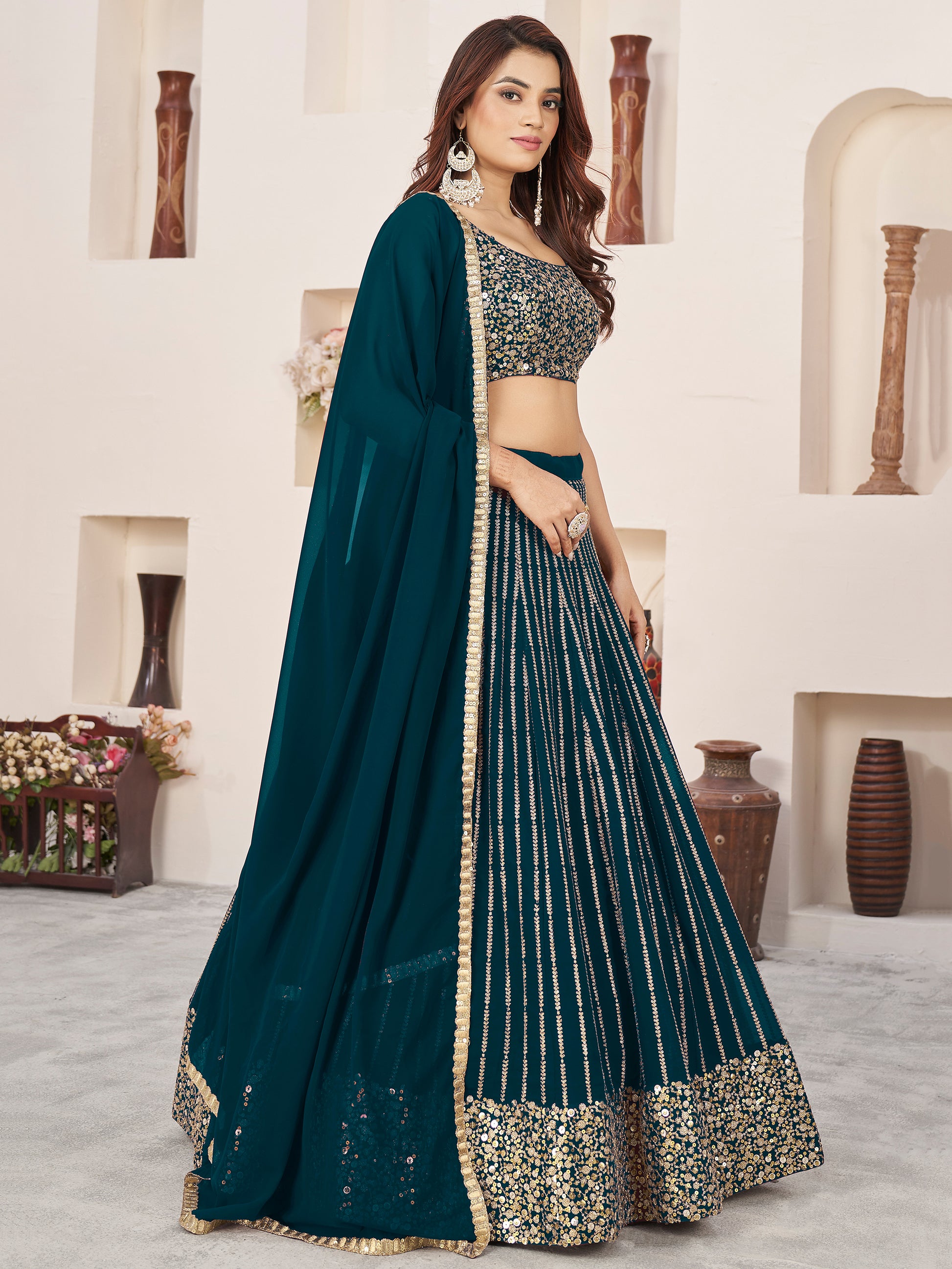 Amazing Teal Green Sequins Georgette Engagement Wear Lehenga Choli