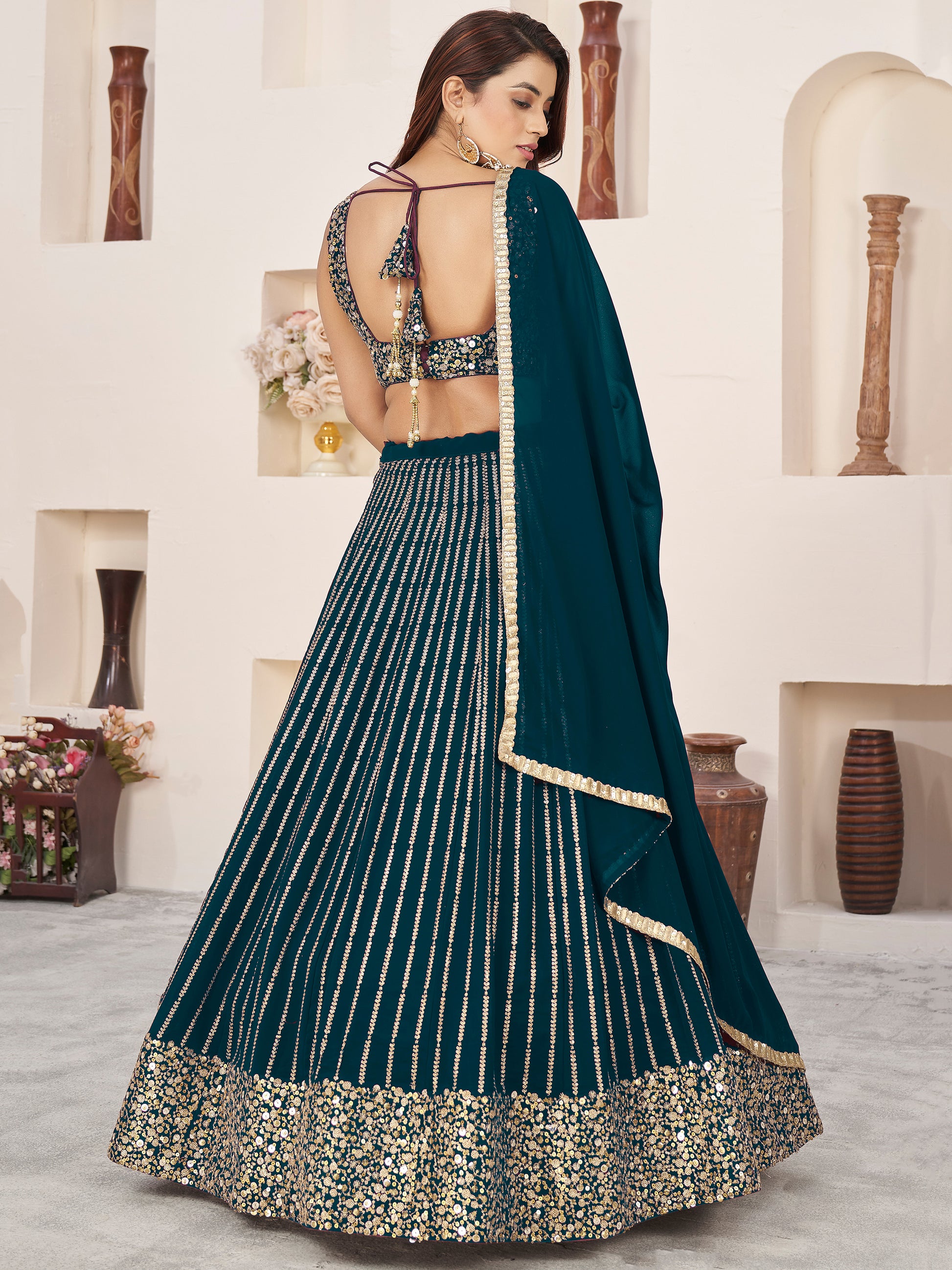 Amazing Teal Green Sequins Georgette Engagement Wear Lehenga Choli