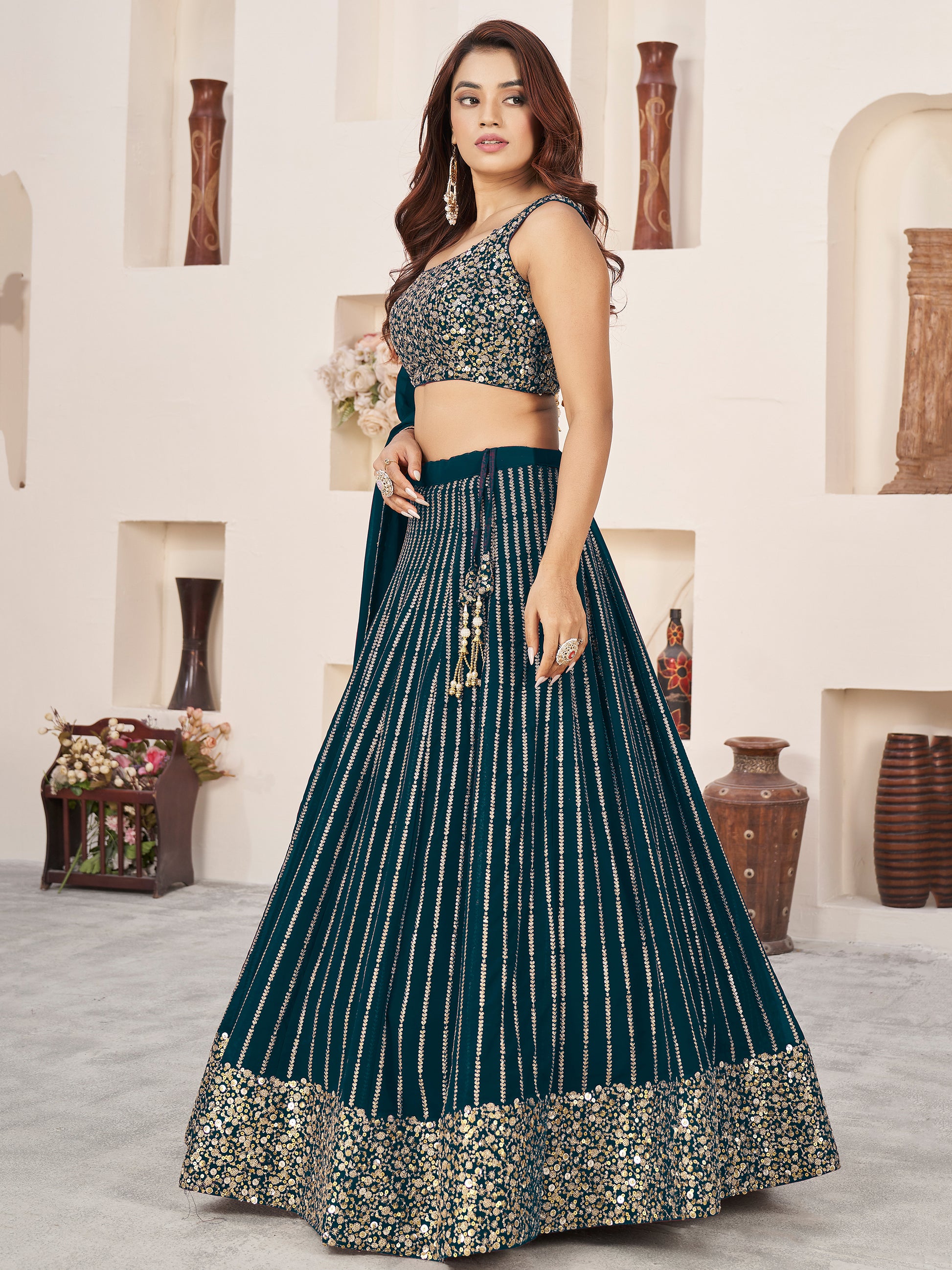 Amazing Teal Green Sequins Georgette Engagement Wear Lehenga Choli
