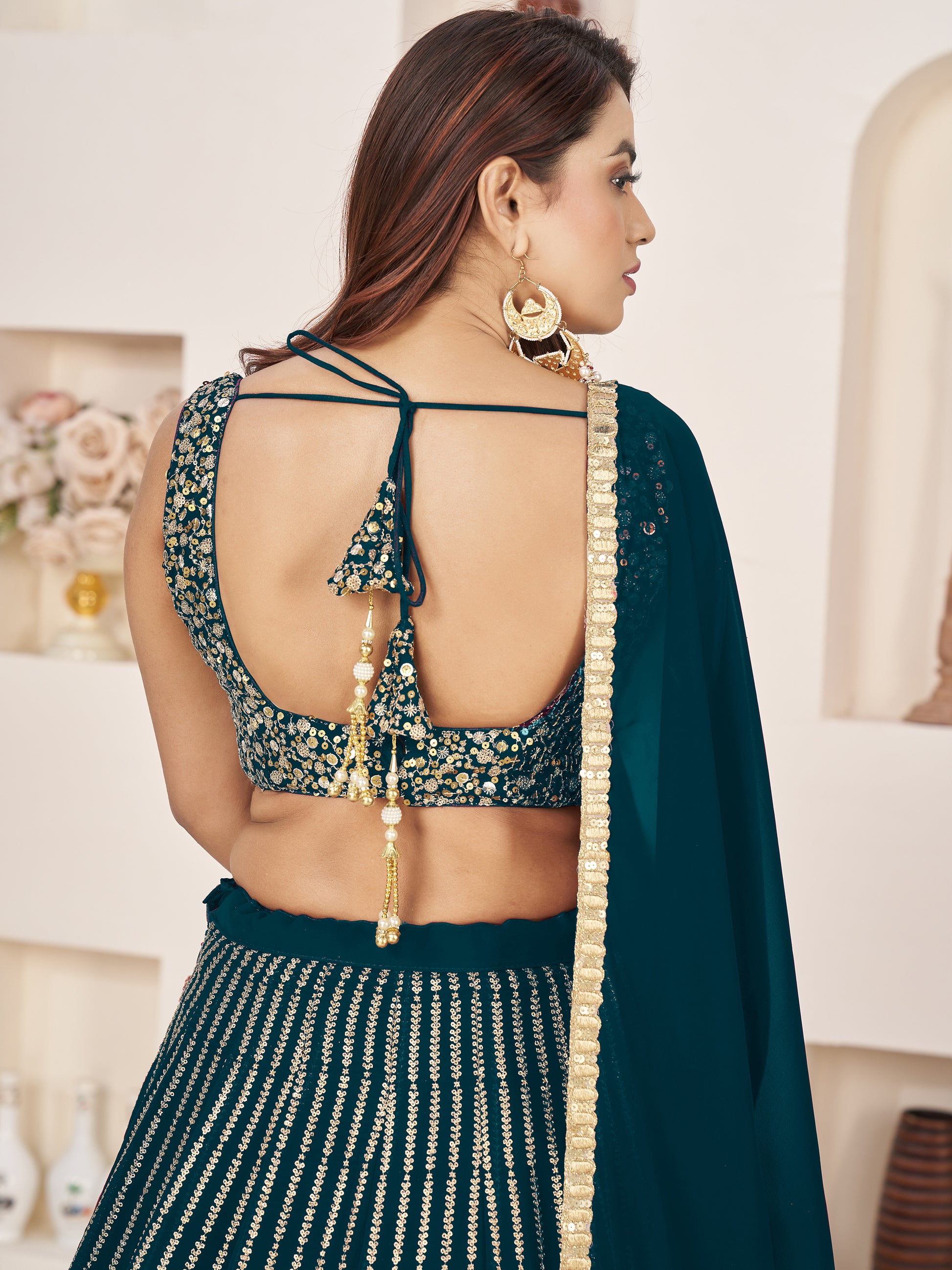 Amazing Teal Green Sequins Georgette Engagement Wear Lehenga Choli