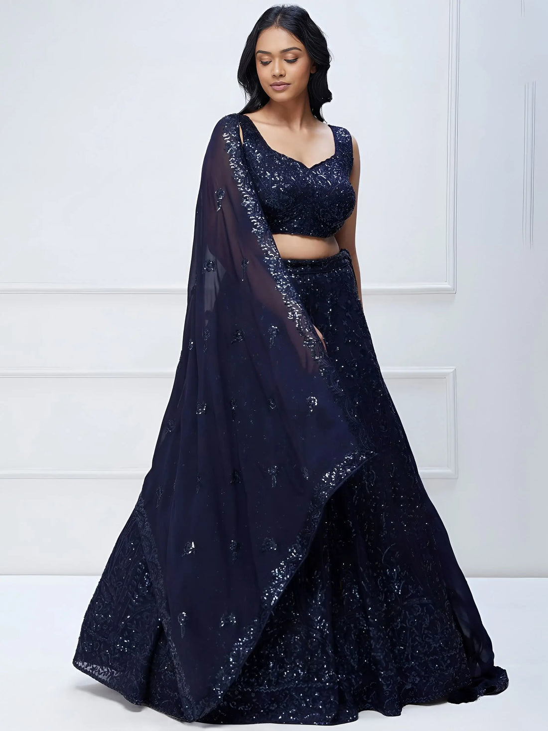 Lovely Navy Blue Sequins Georgette Engagement Wear Lehenga Choli