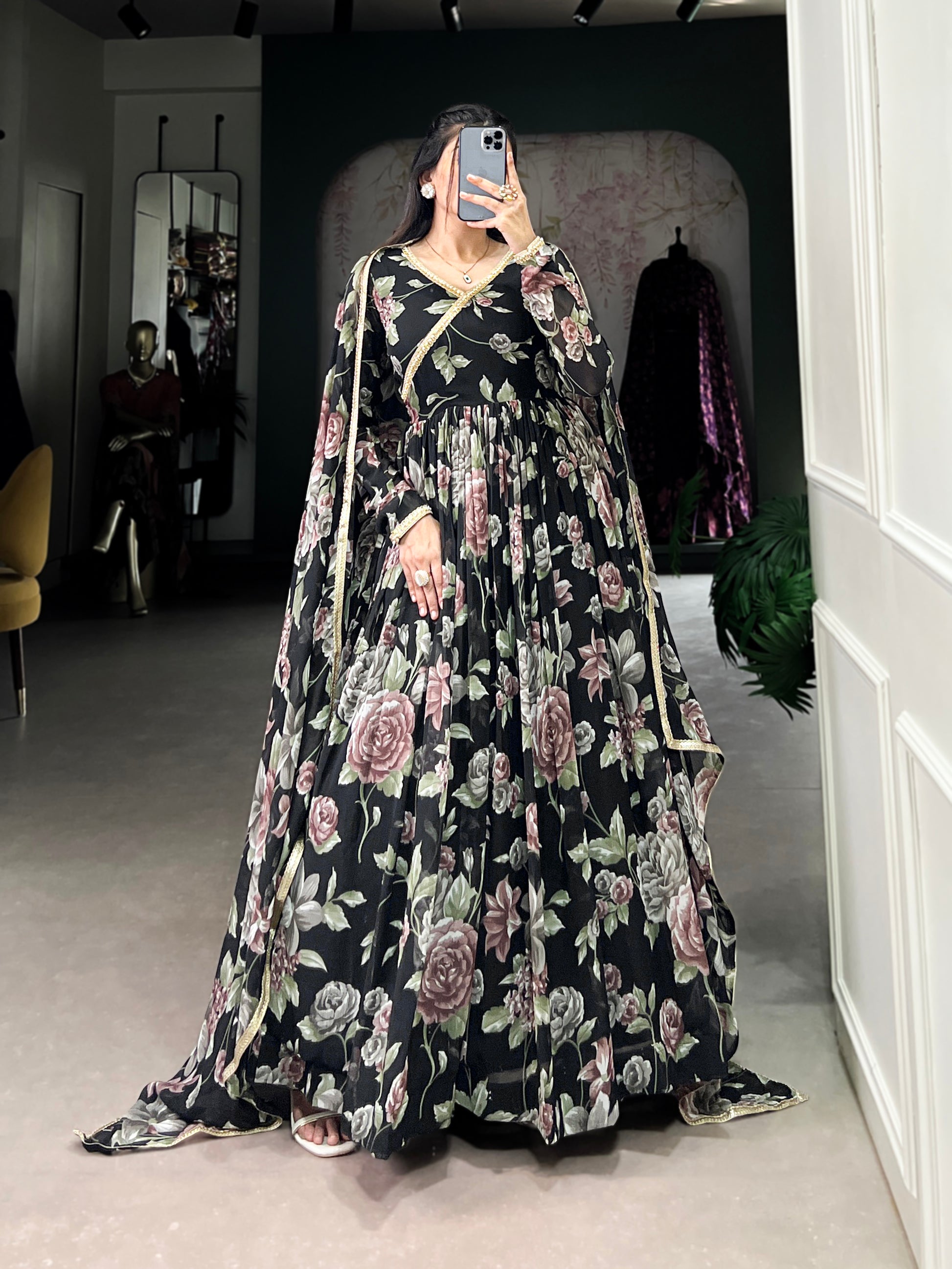 Stunning Black Floral Printed Georgette Festive Wear Gown