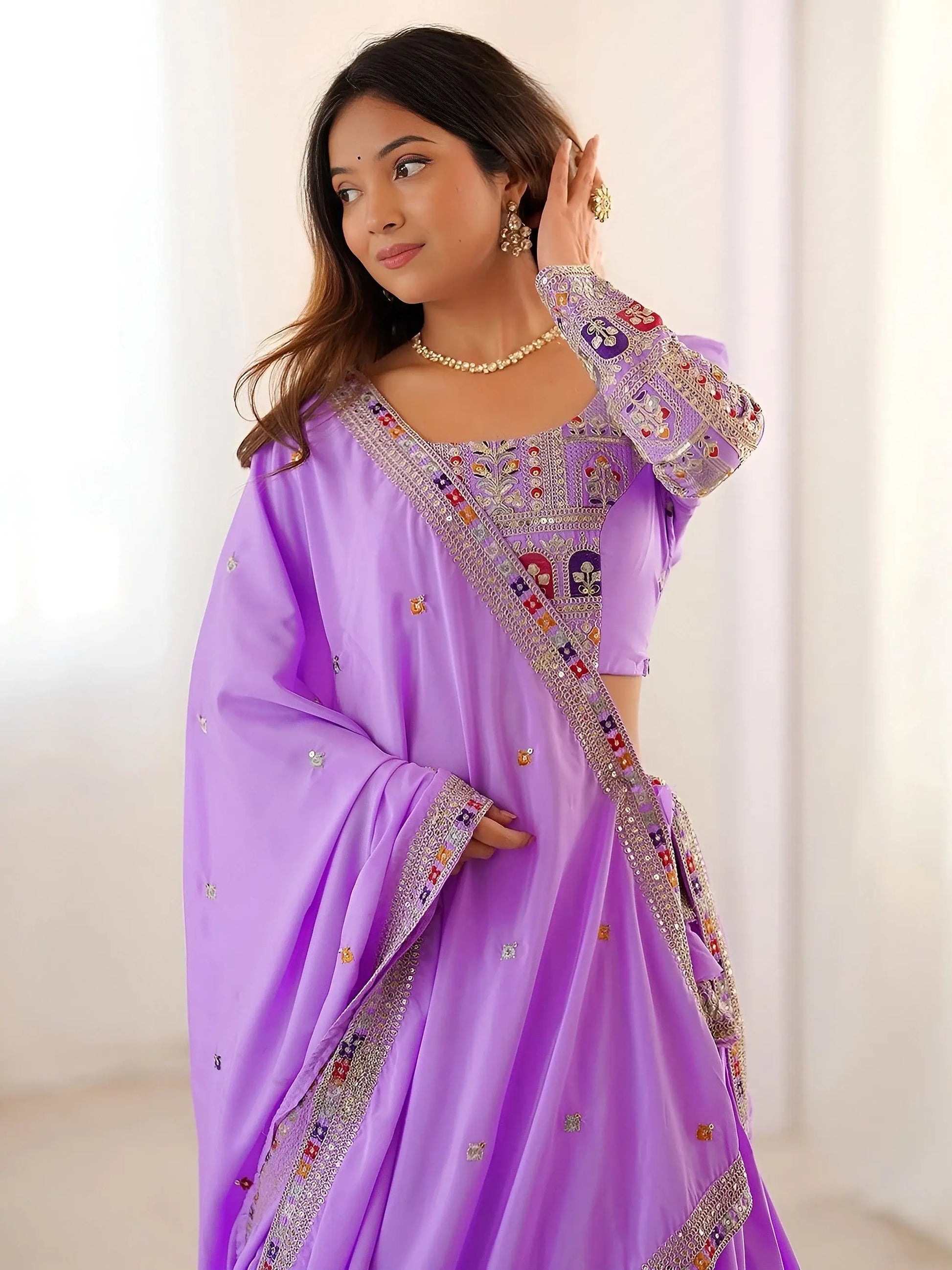 Majestic Lavender Thread Embroidery Crepe Silk Lehenga With Blouse
