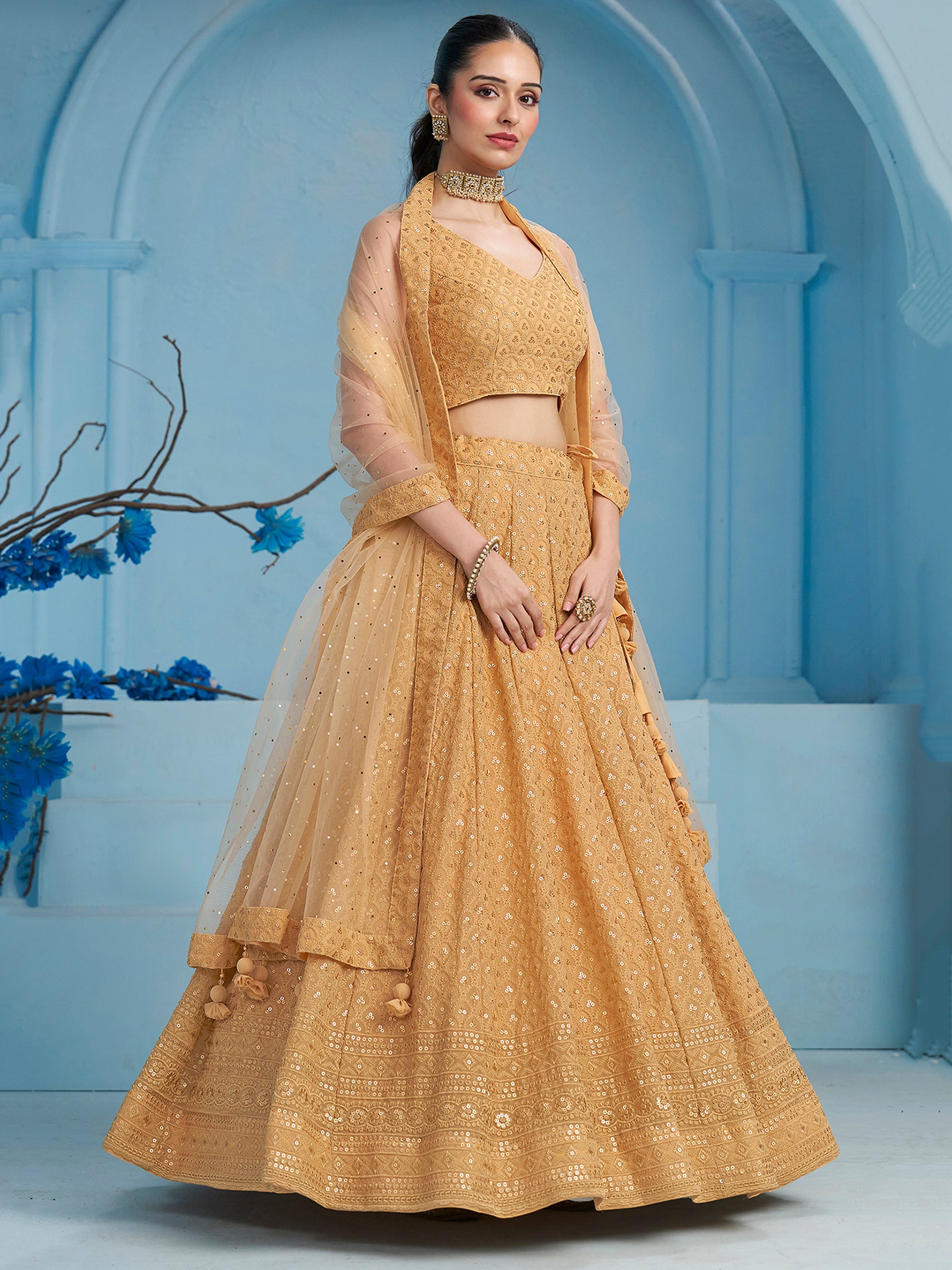 Beautiful Beige Thread Work Georgette Wedding Wear Lehenga Choli