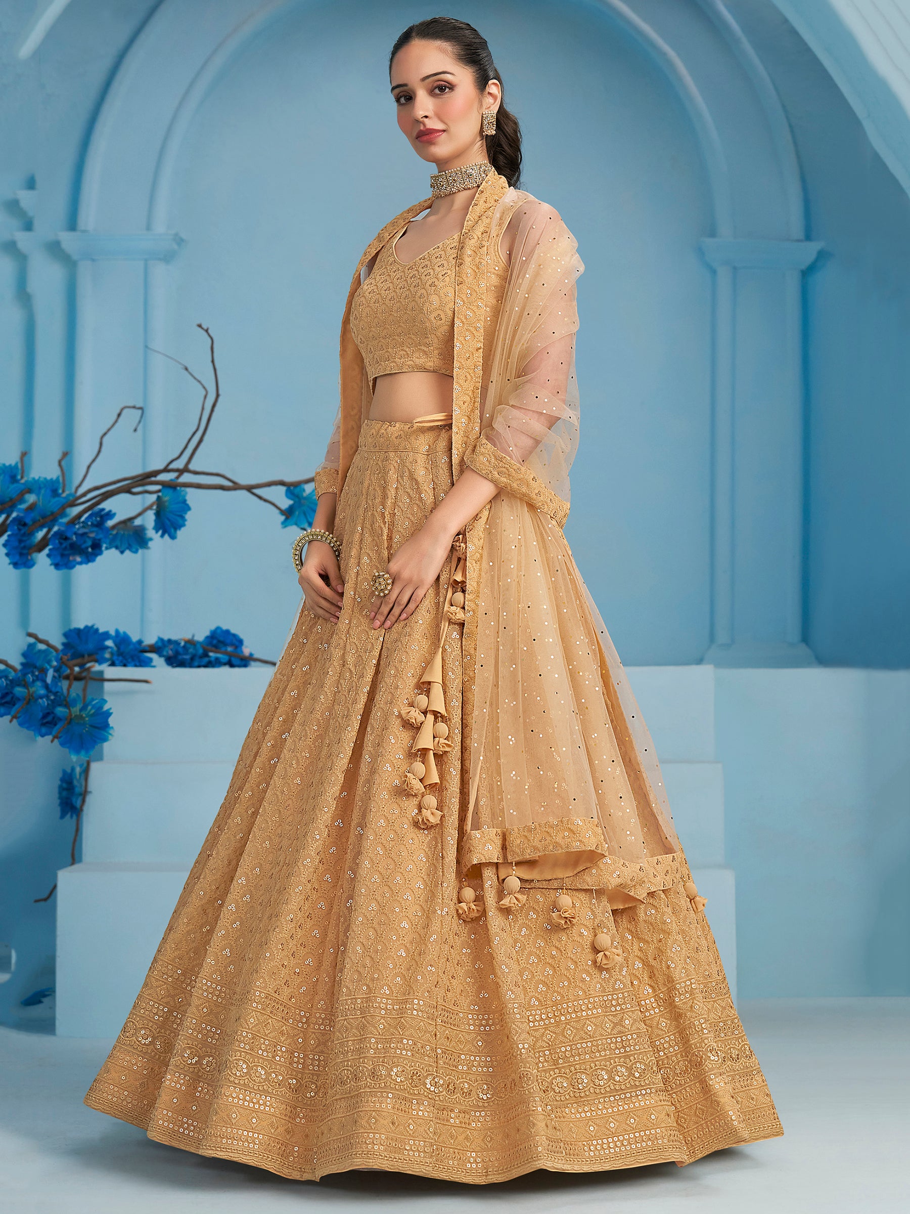 Beautiful Beige Thread Work Georgette Wedding Wear Lehenga Choli
