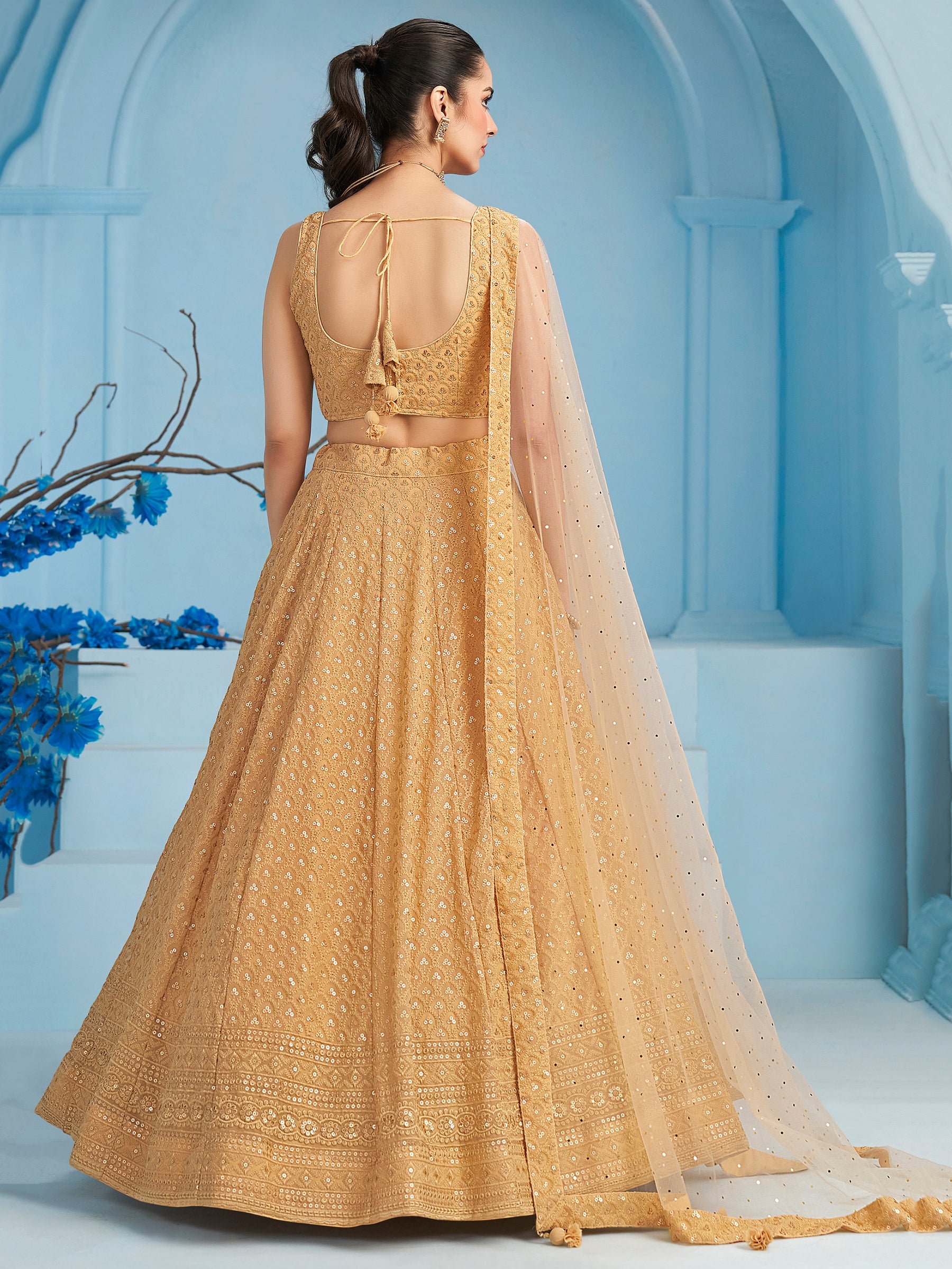 Beautiful Beige Thread Work Georgette Wedding Wear Lehenga Choli