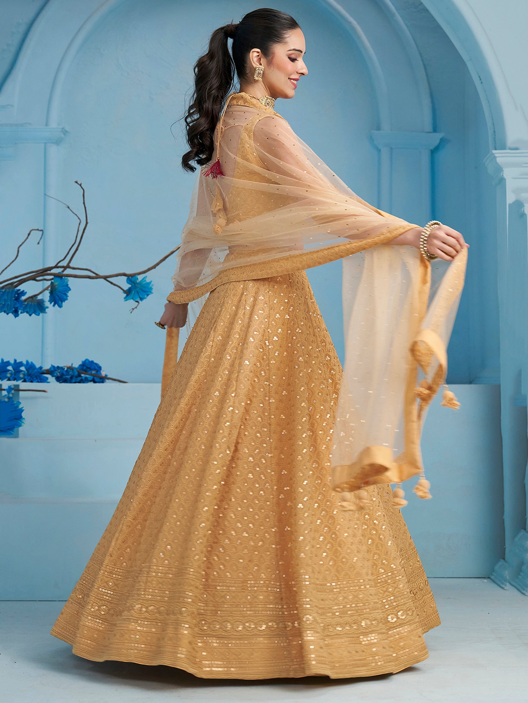 Beautiful Beige Thread Work Georgette Wedding Wear Lehenga Choli