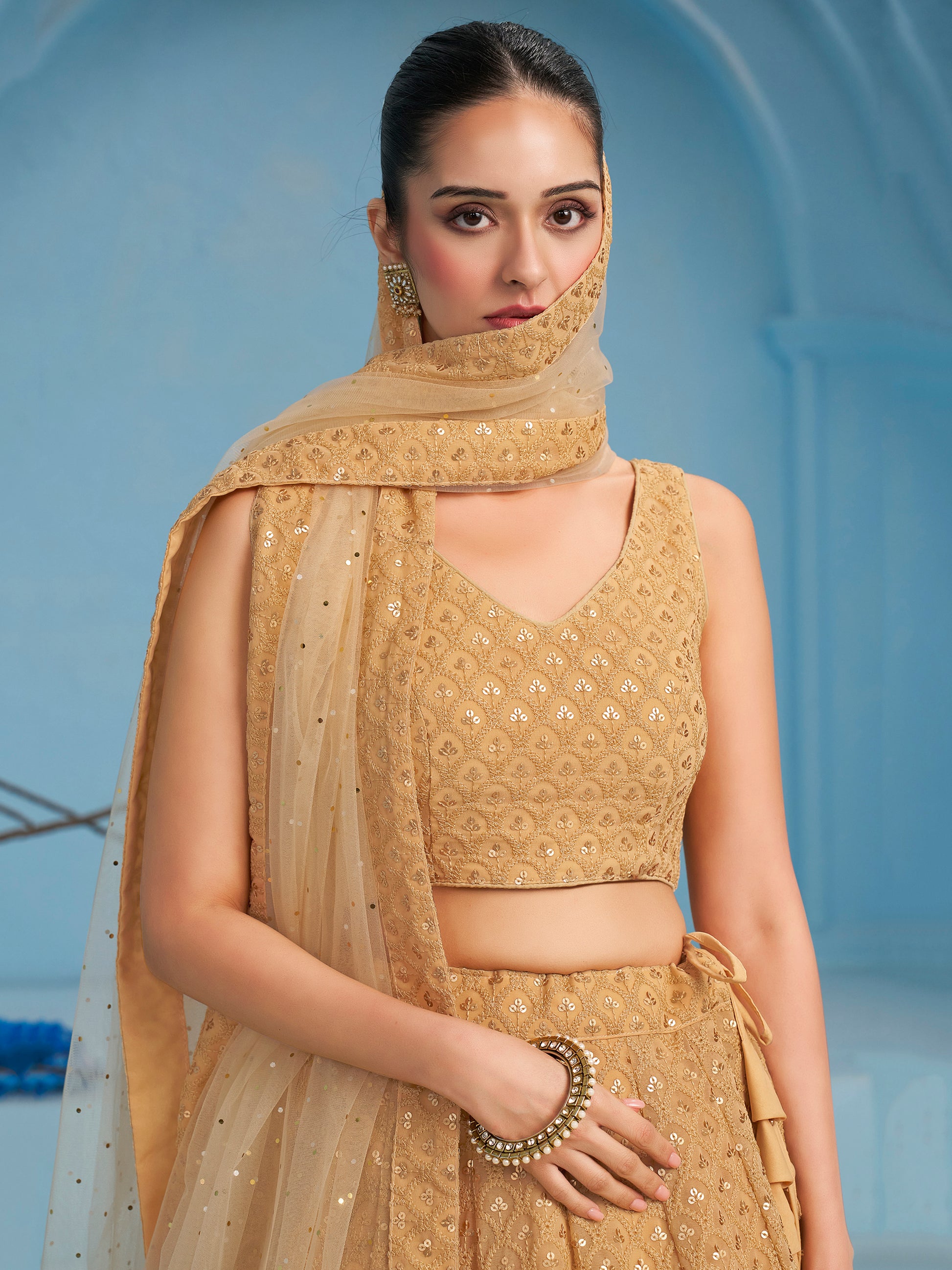 Beautiful Beige Thread Work Georgette Wedding Wear Lehenga Choli