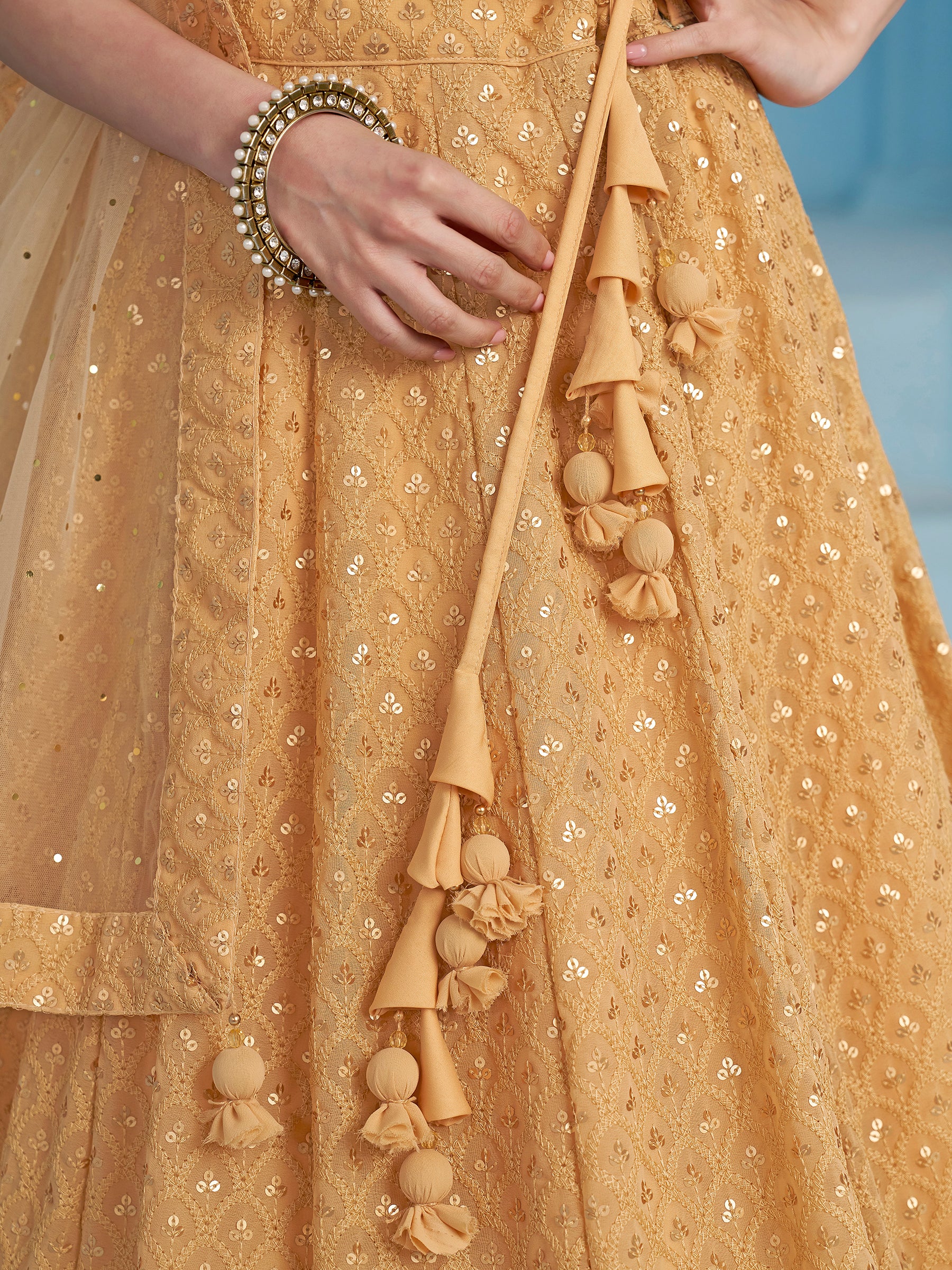 Beautiful Beige Thread Work Georgette Wedding Wear Lehenga Choli