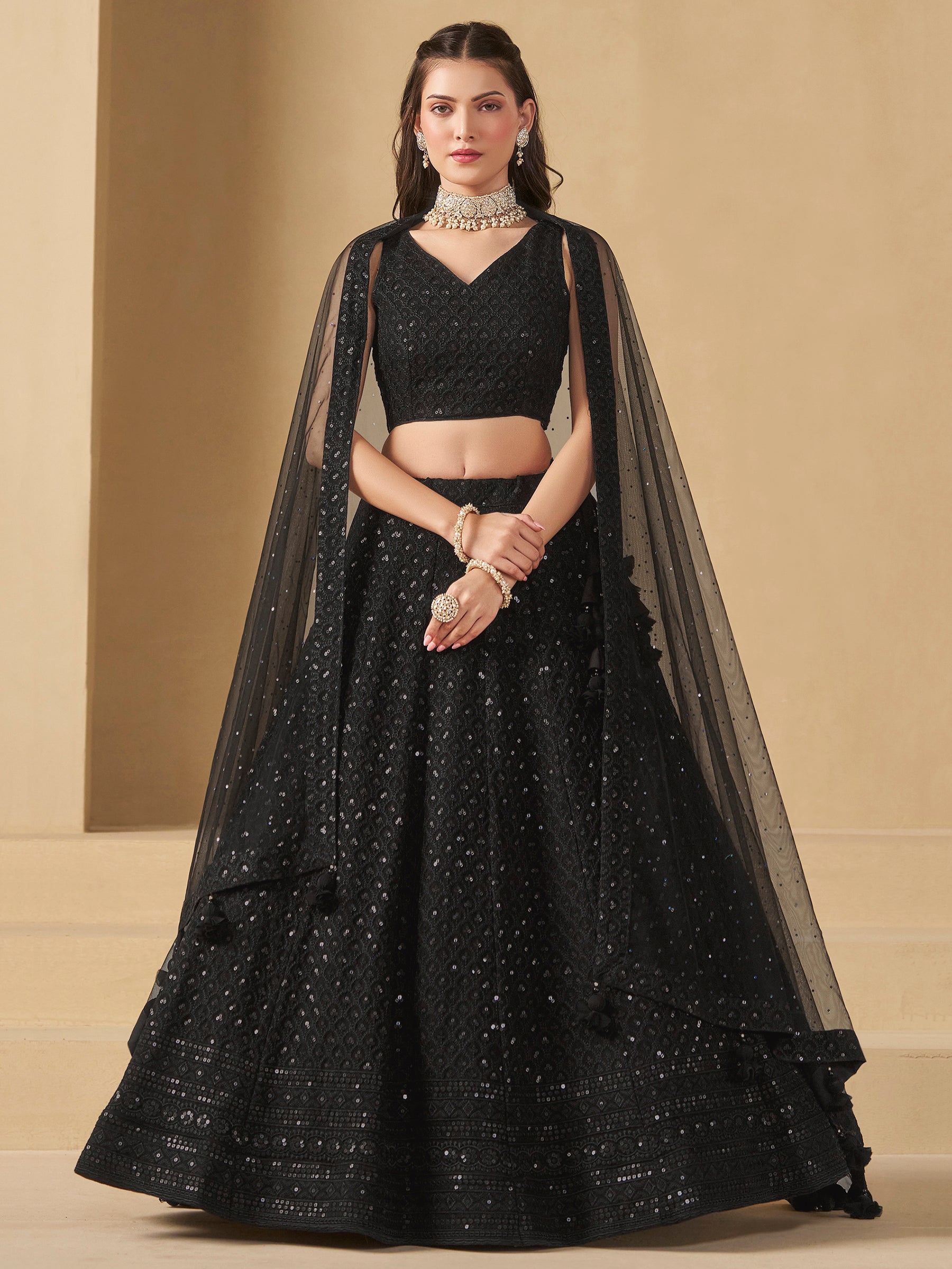 Wonderful Black Sequins Georgette Reception Wear Lehenga Choli
