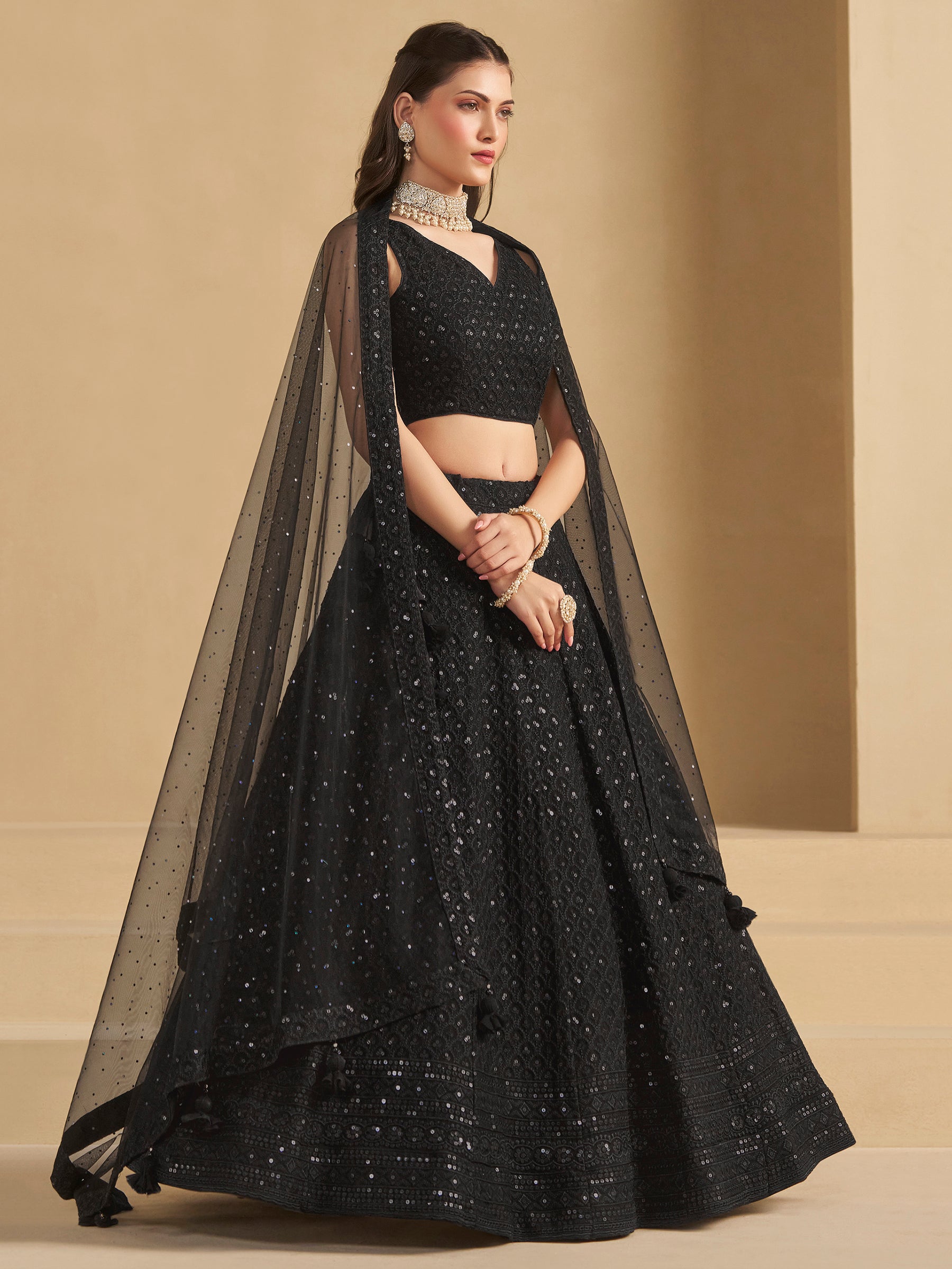 Wonderful Black Sequins Georgette Reception Wear Lehenga Choli