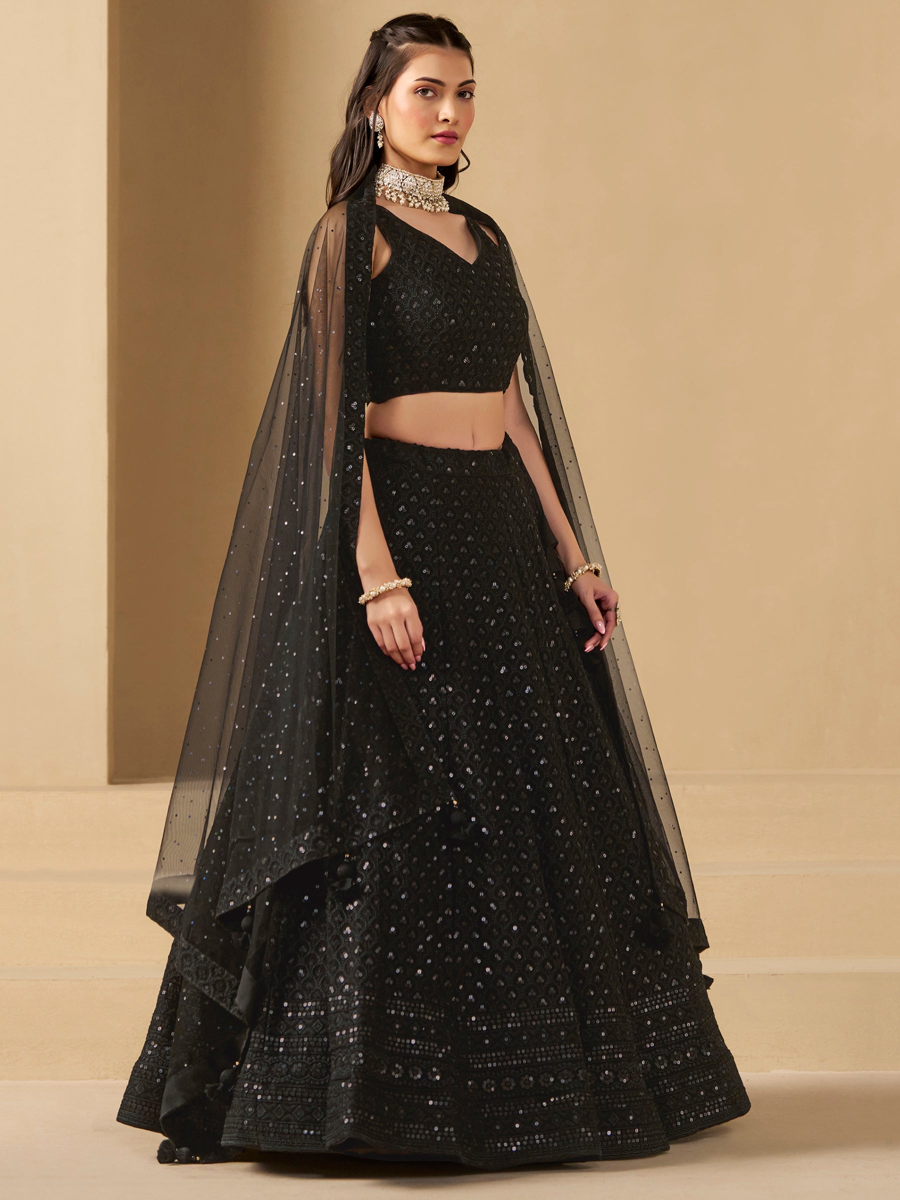 Wonderful Black Sequins Georgette Reception Wear Lehenga Choli