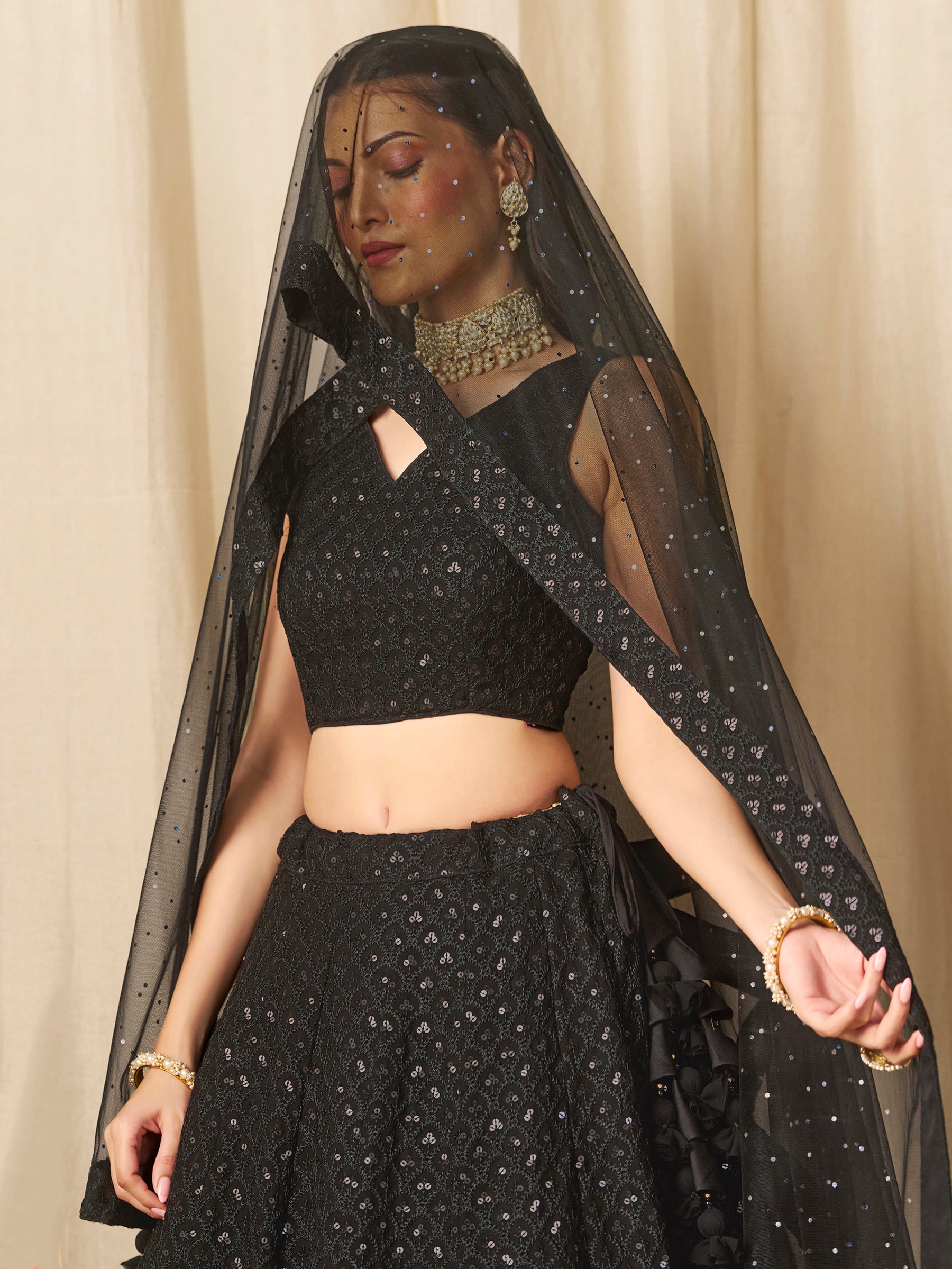 Wonderful Black Sequins Georgette Reception Wear Lehenga Choli
