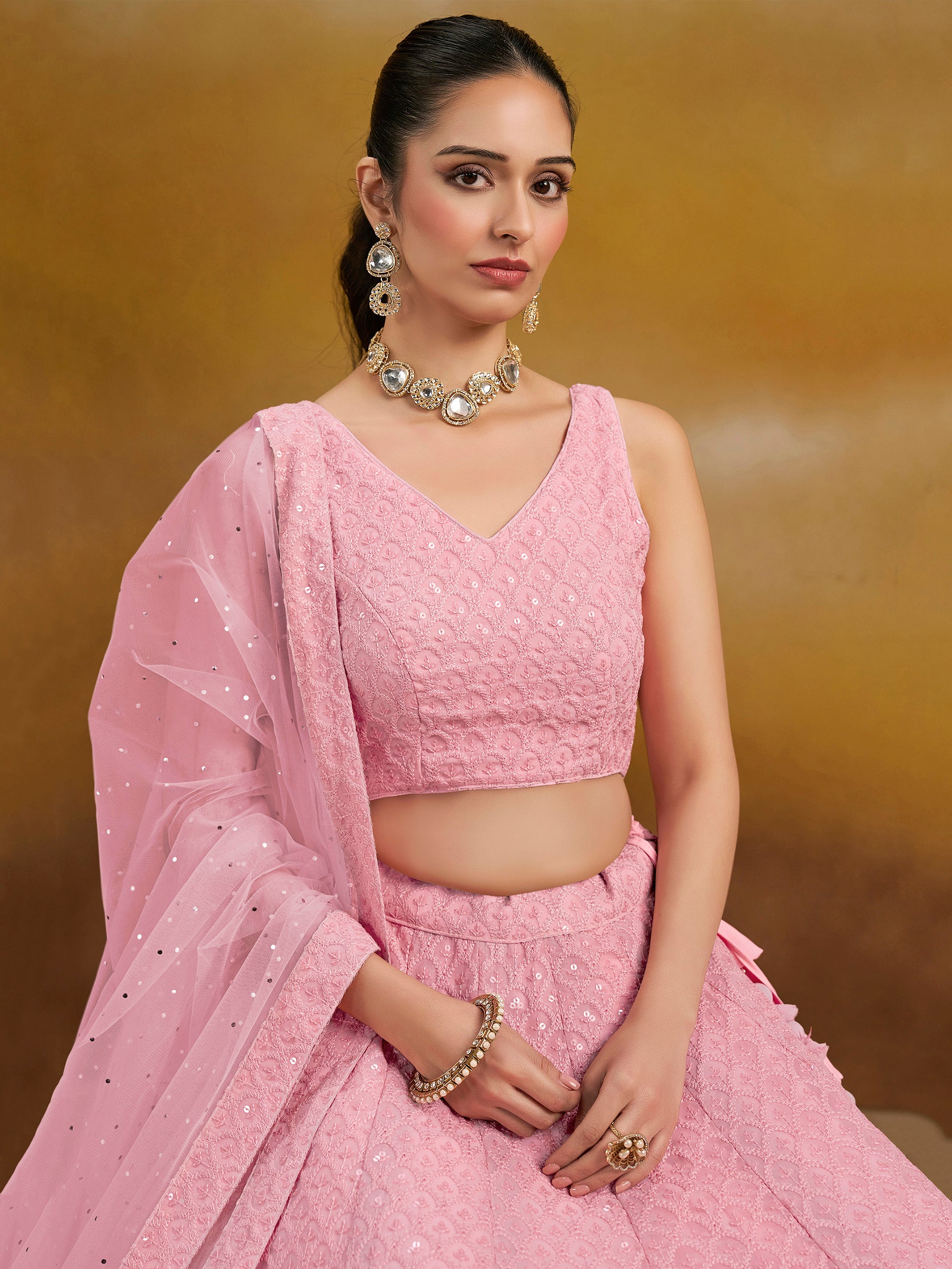 Precious Pink Sequins Georgette Festival Wear Lehenga Choli
