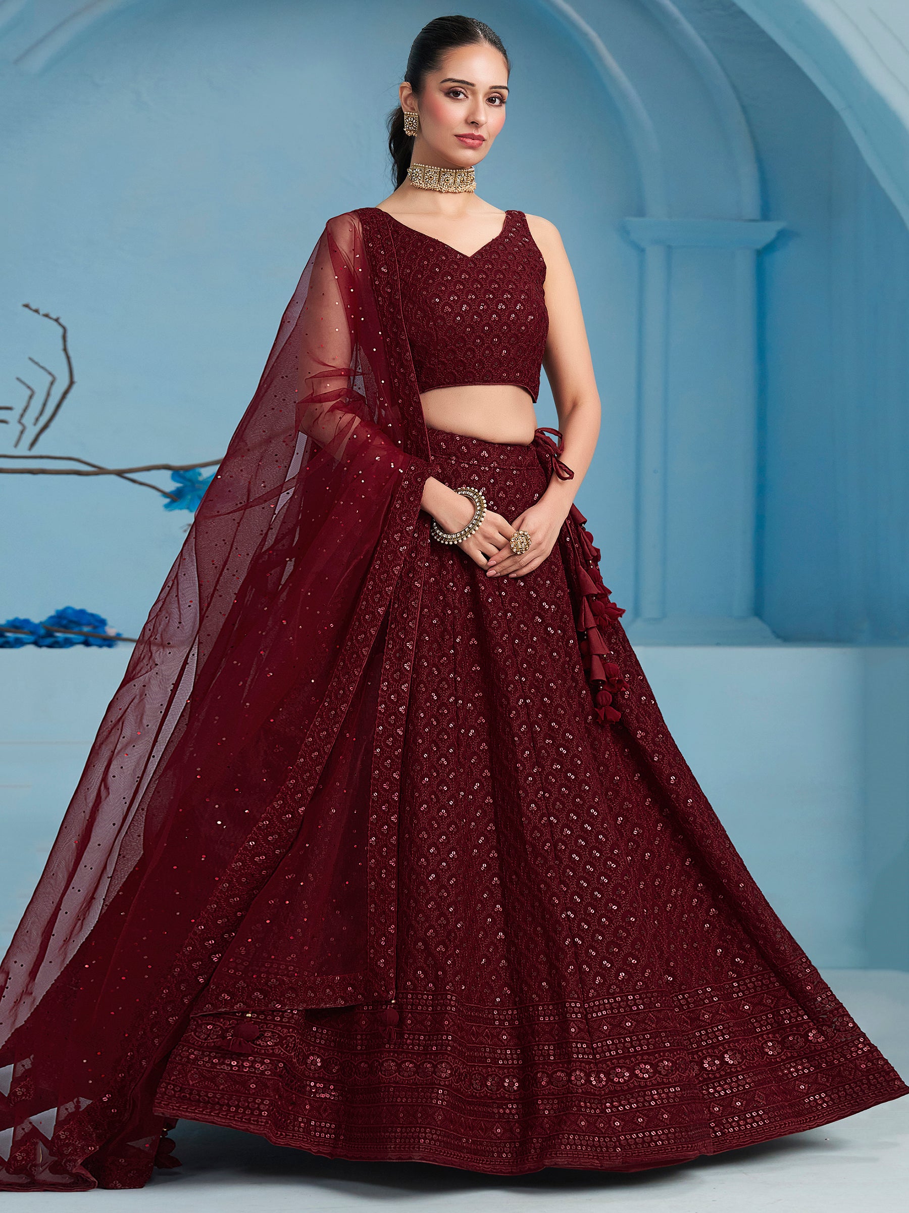 Alluring Maroon Sequins Reception Wear Lehenga Choli With Net Dupatta
