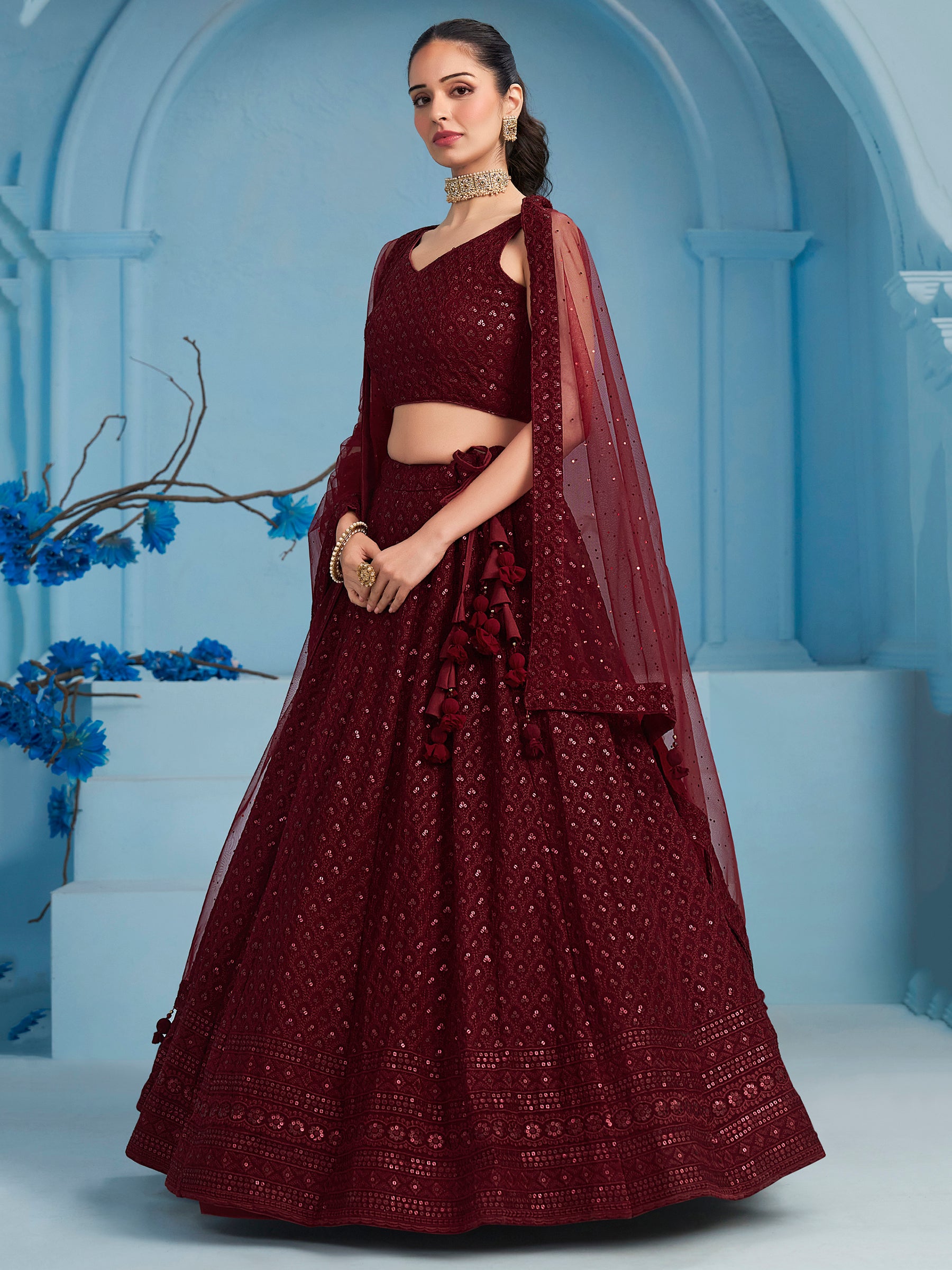Alluring Maroon Sequins Reception Wear Lehenga Choli With Net Dupatta