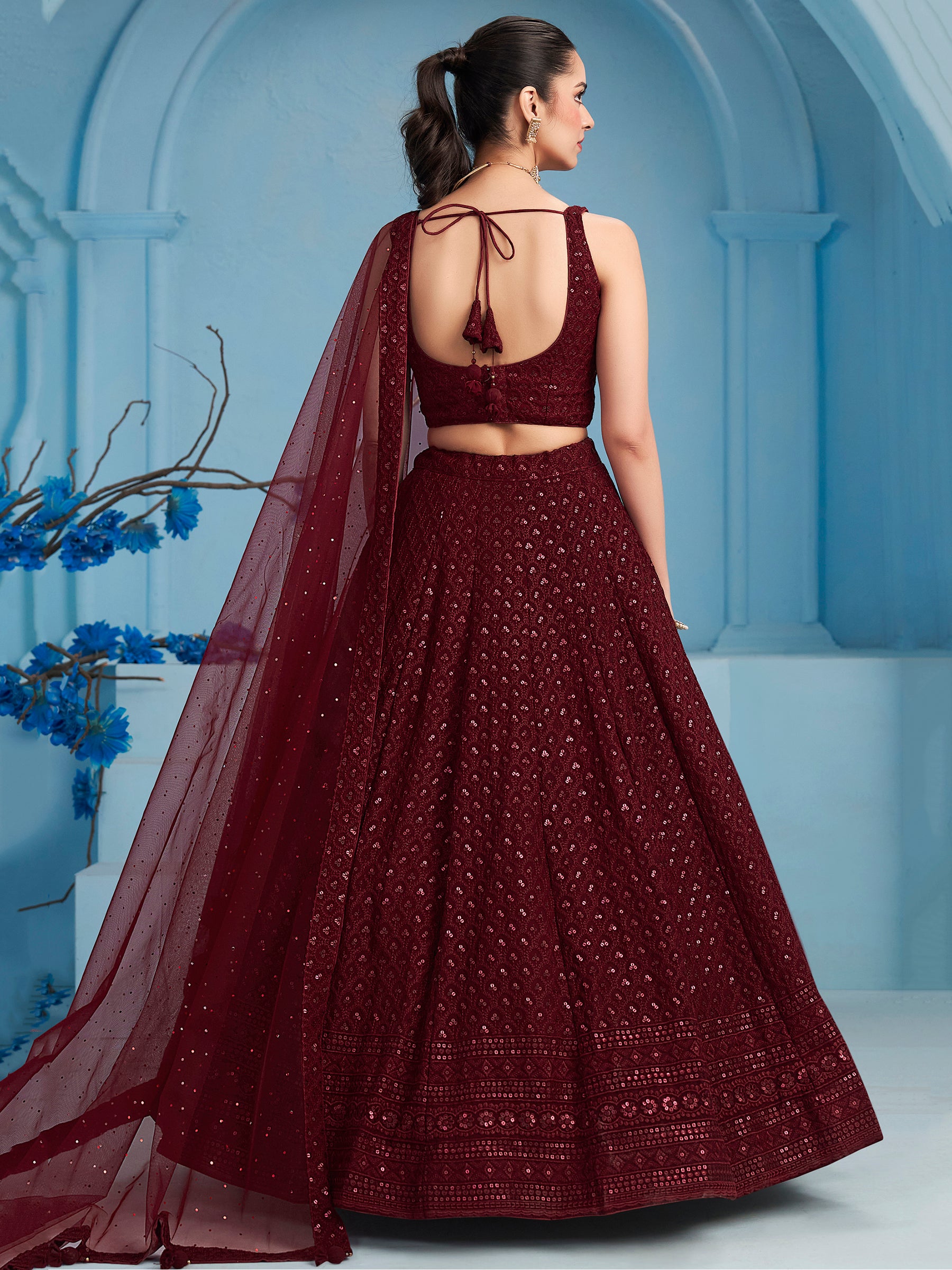 Alluring Maroon Sequins Reception Wear Lehenga Choli With Net Dupatta