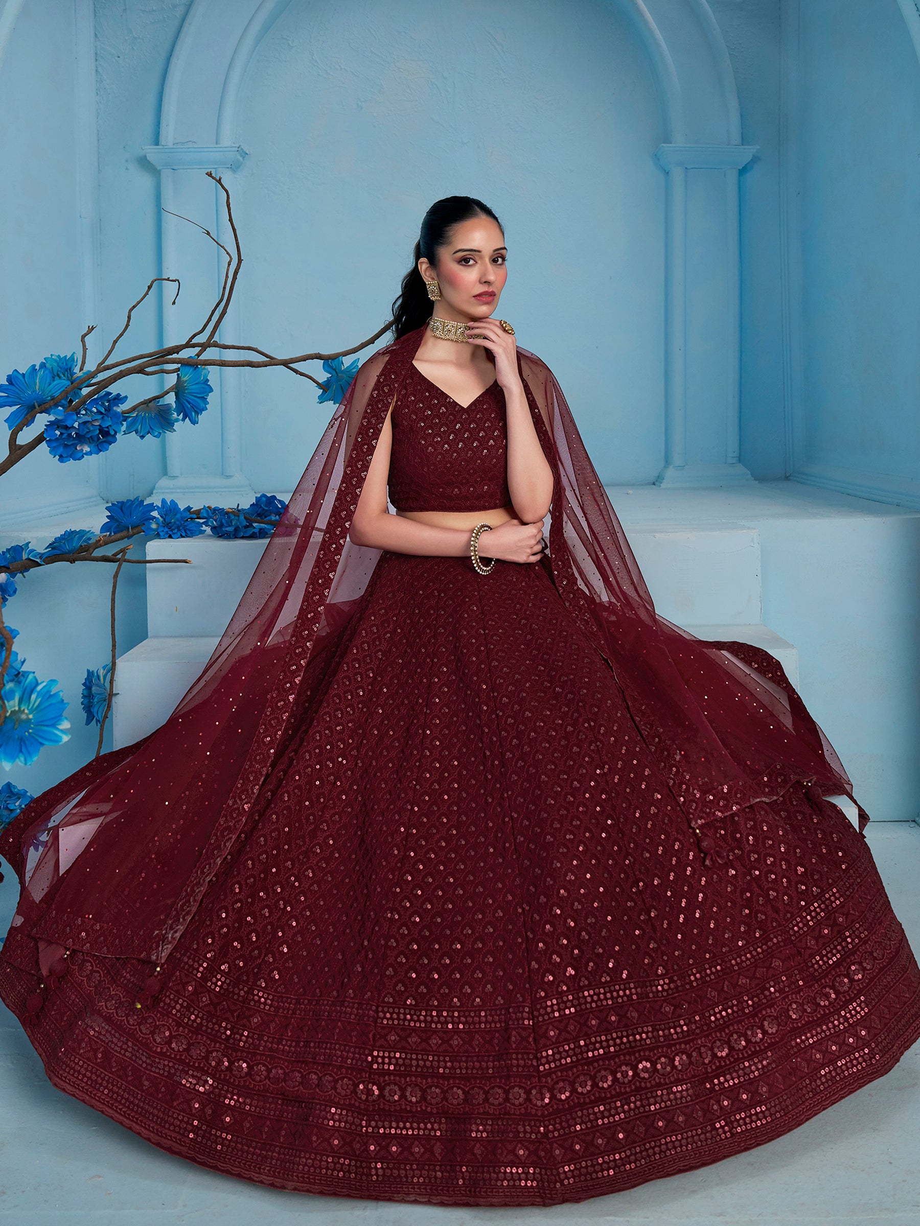 Alluring Maroon Sequins Reception Wear Lehenga Choli With Net Dupatta