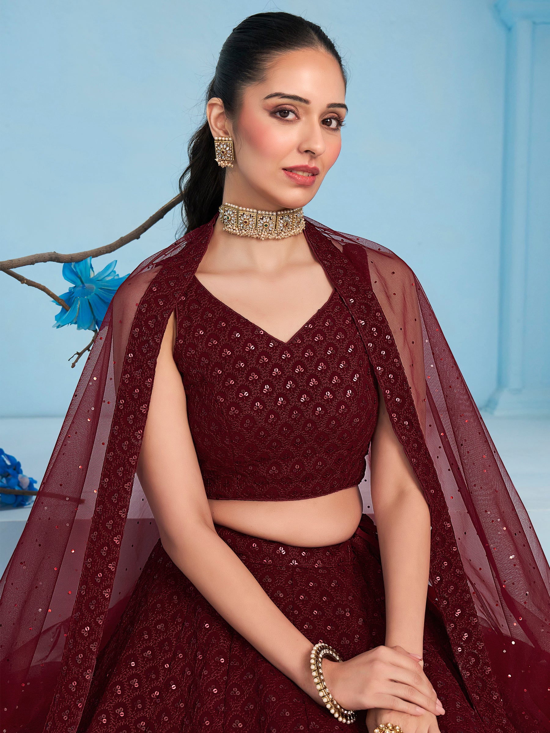 Alluring Maroon Sequins Reception Wear Lehenga Choli With Net Dupatta