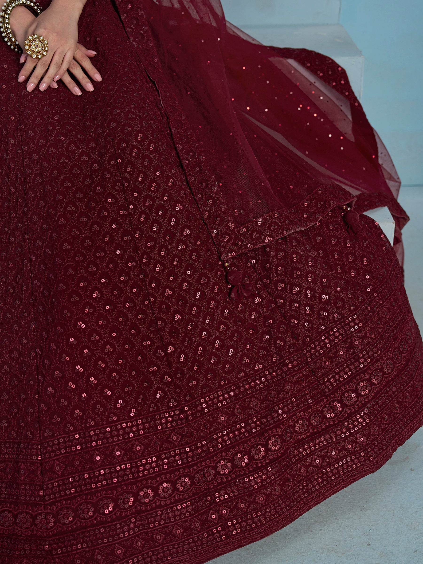 Alluring Maroon Sequins Reception Wear Lehenga Choli With Net Dupatta
