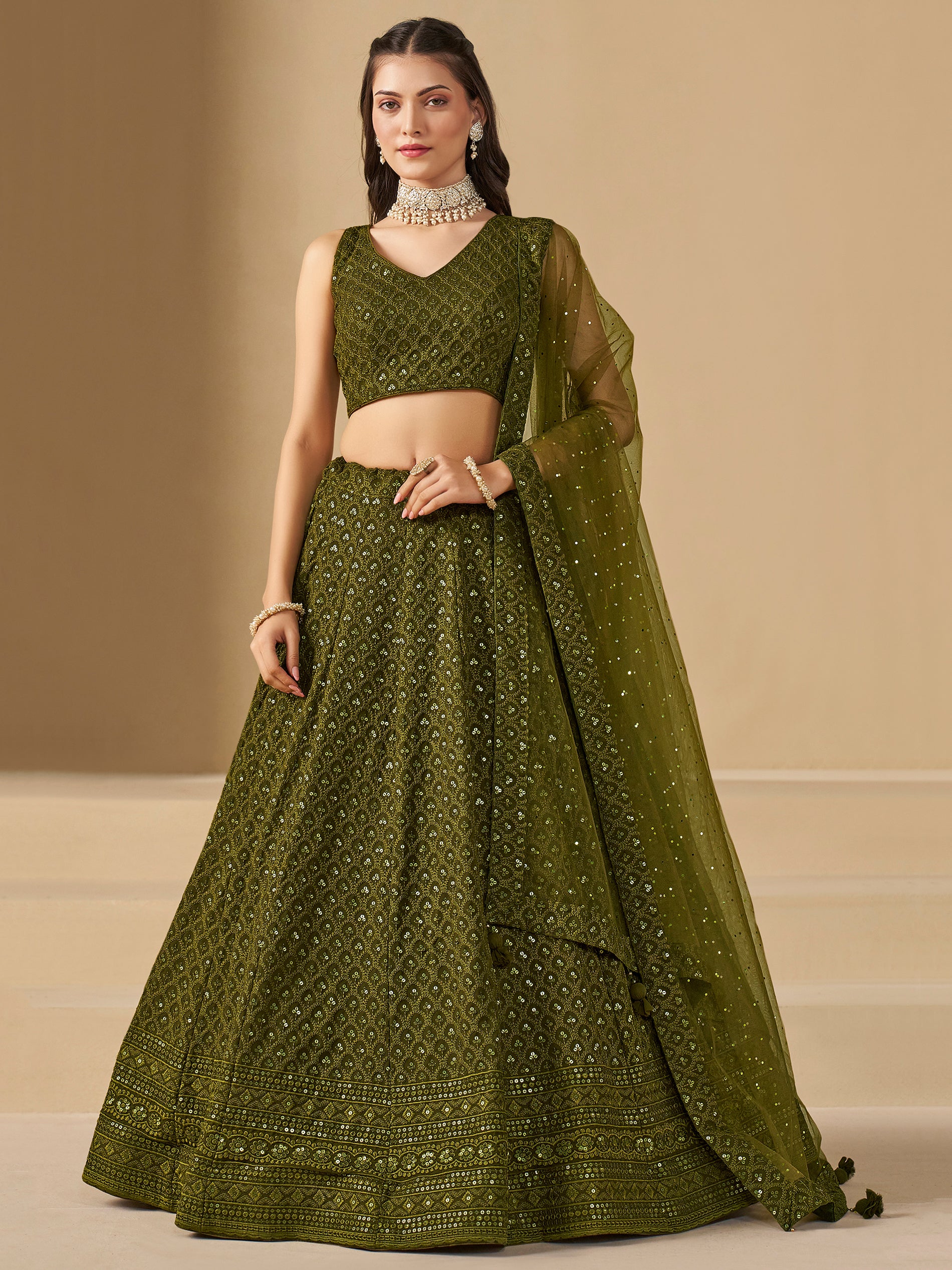 Excellent Olive Green Thread Work Georgette Wedding Lehenga Choli