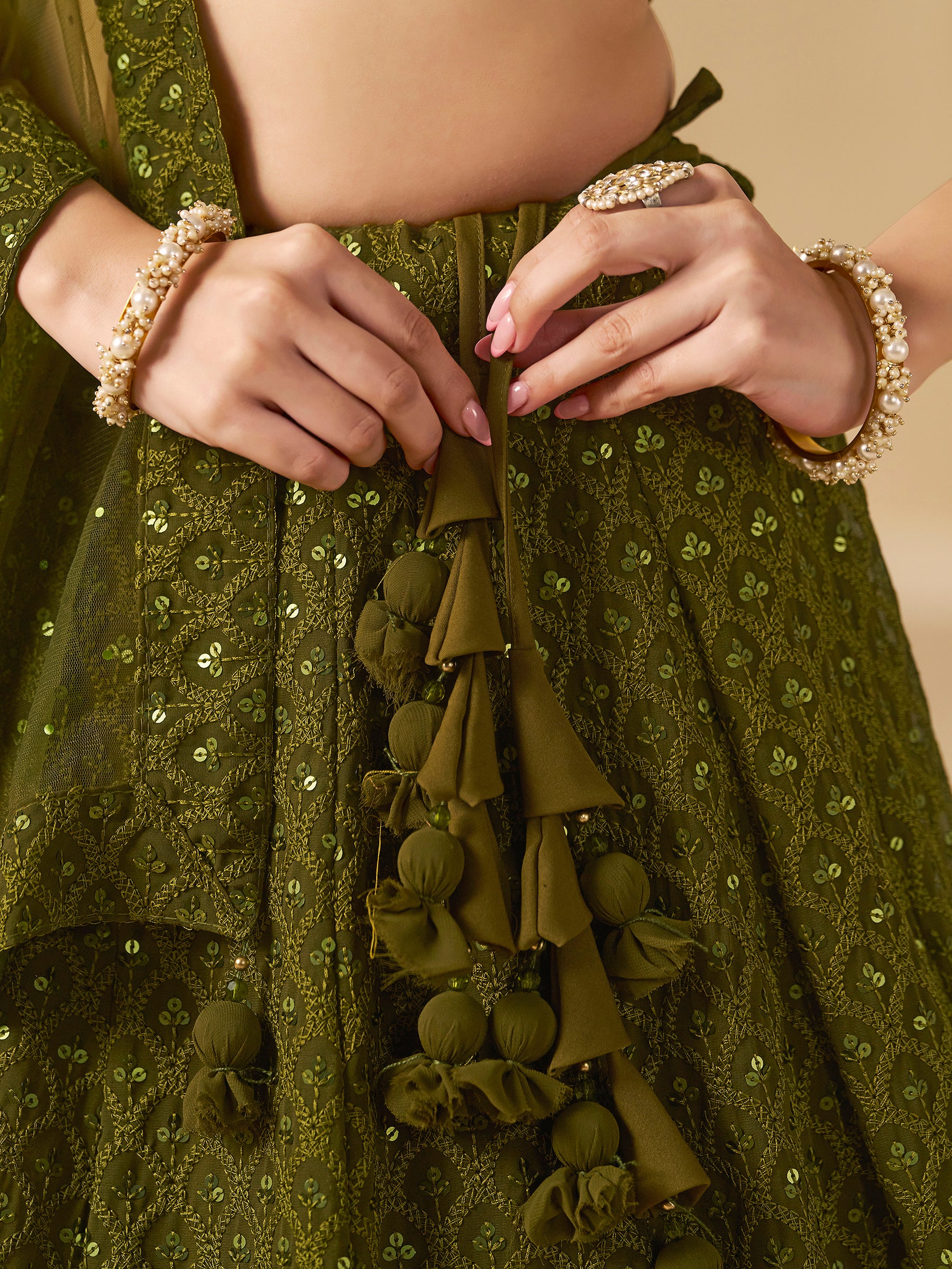 Excellent Olive Green Thread Work Georgette Wedding Lehenga Choli