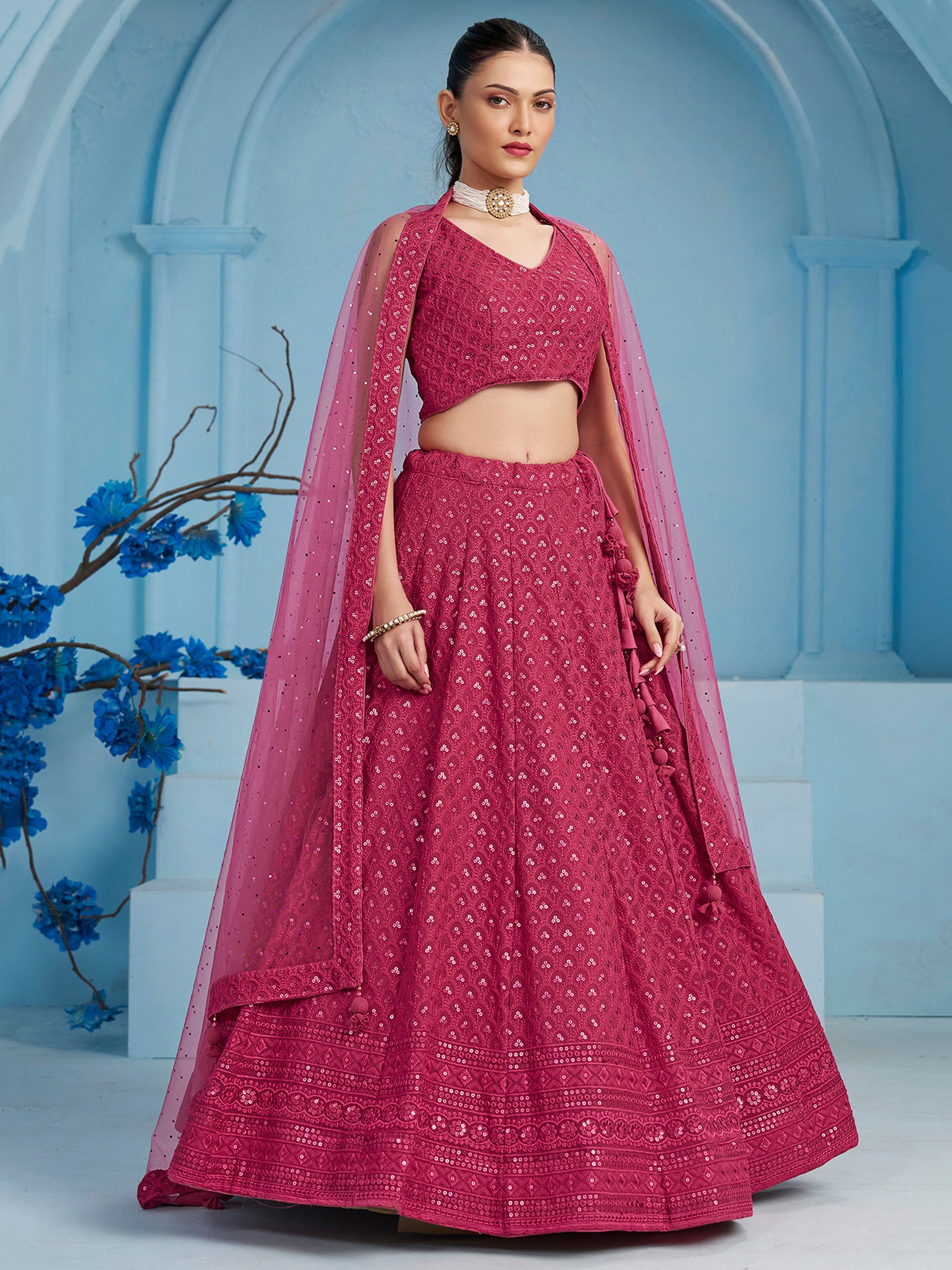 Captivating Pink Thread Work Georgette Sangeet Wear Lehenga Choli