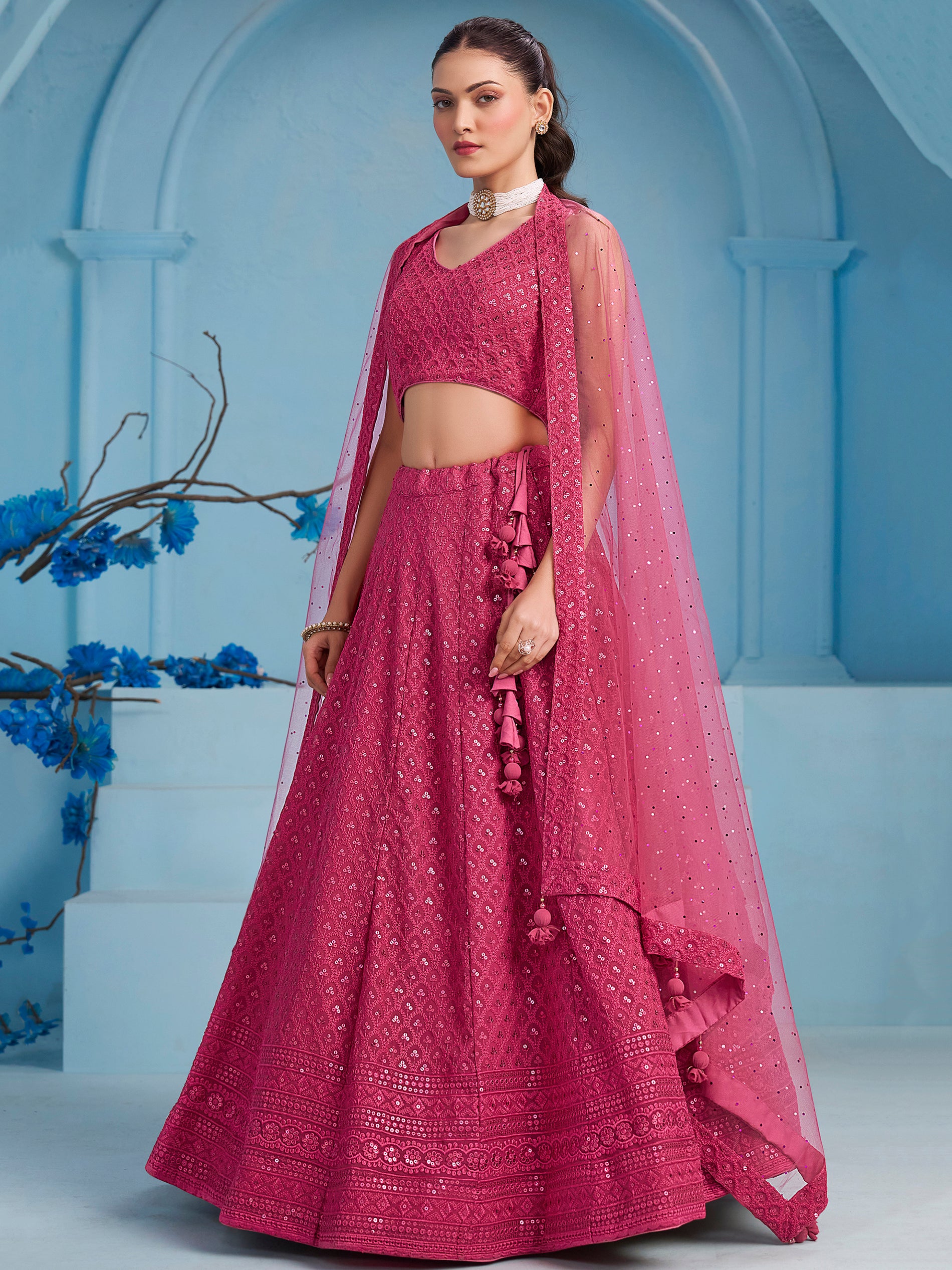 Captivating Pink Thread Work Georgette Sangeet Wear Lehenga Choli