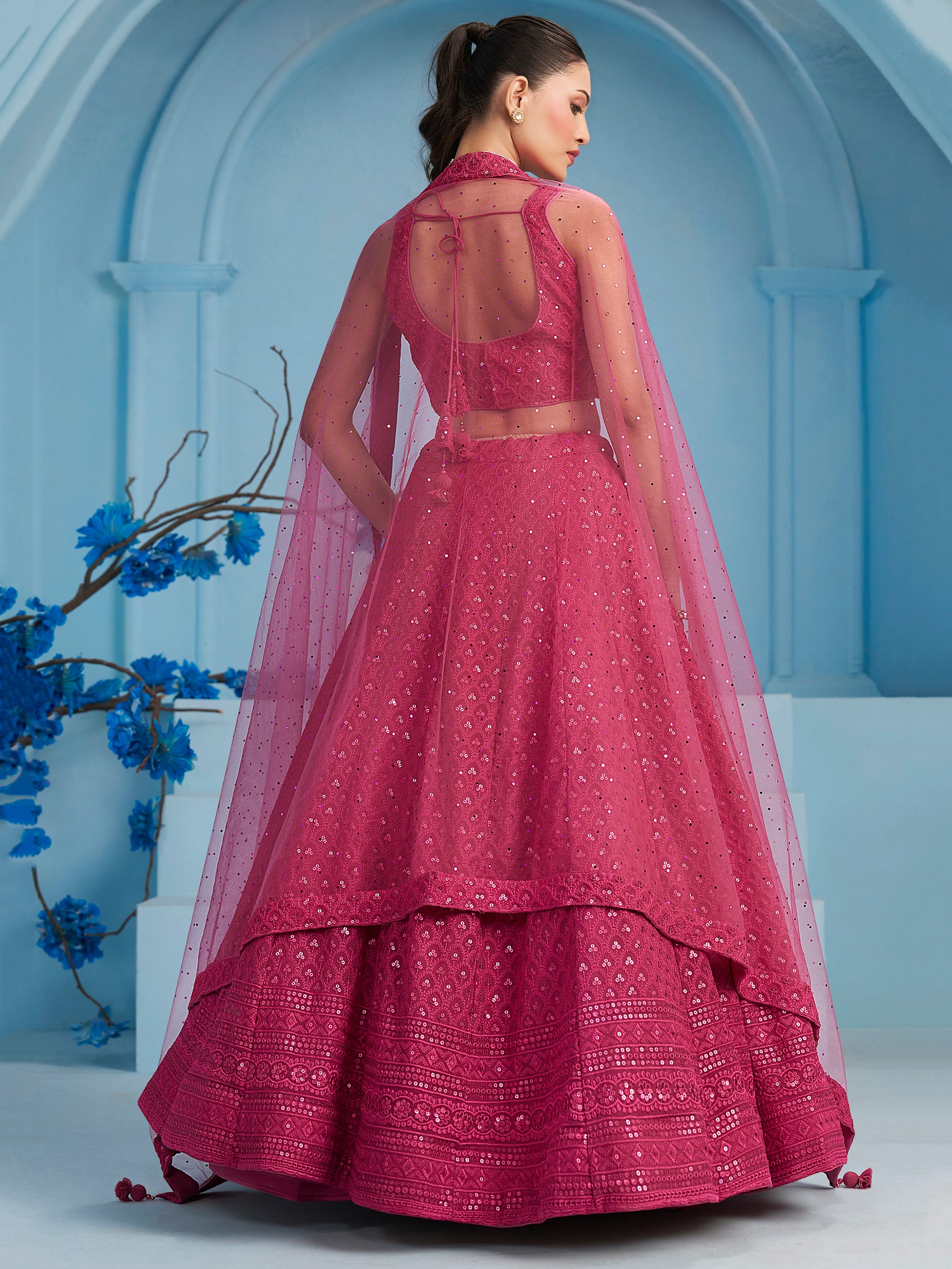 Captivating Pink Thread Work Georgette Sangeet Wear Lehenga Choli