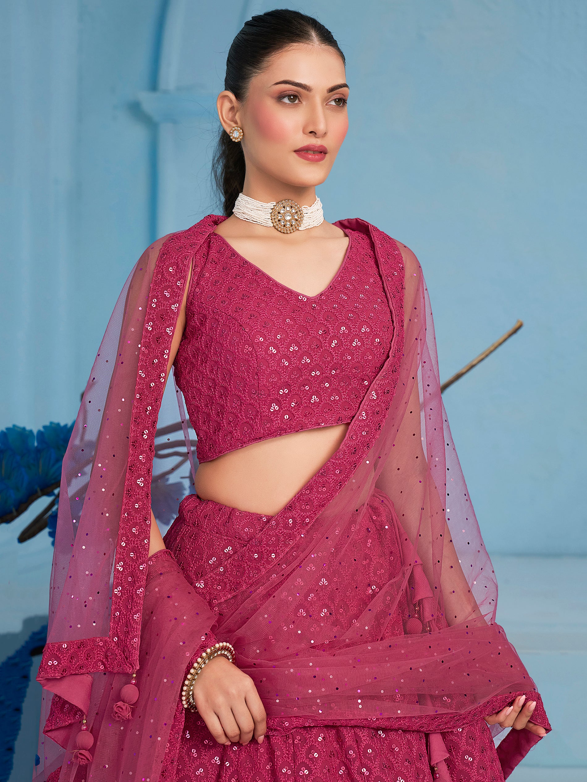 Captivating Pink Thread Work Georgette Sangeet Wear Lehenga Choli