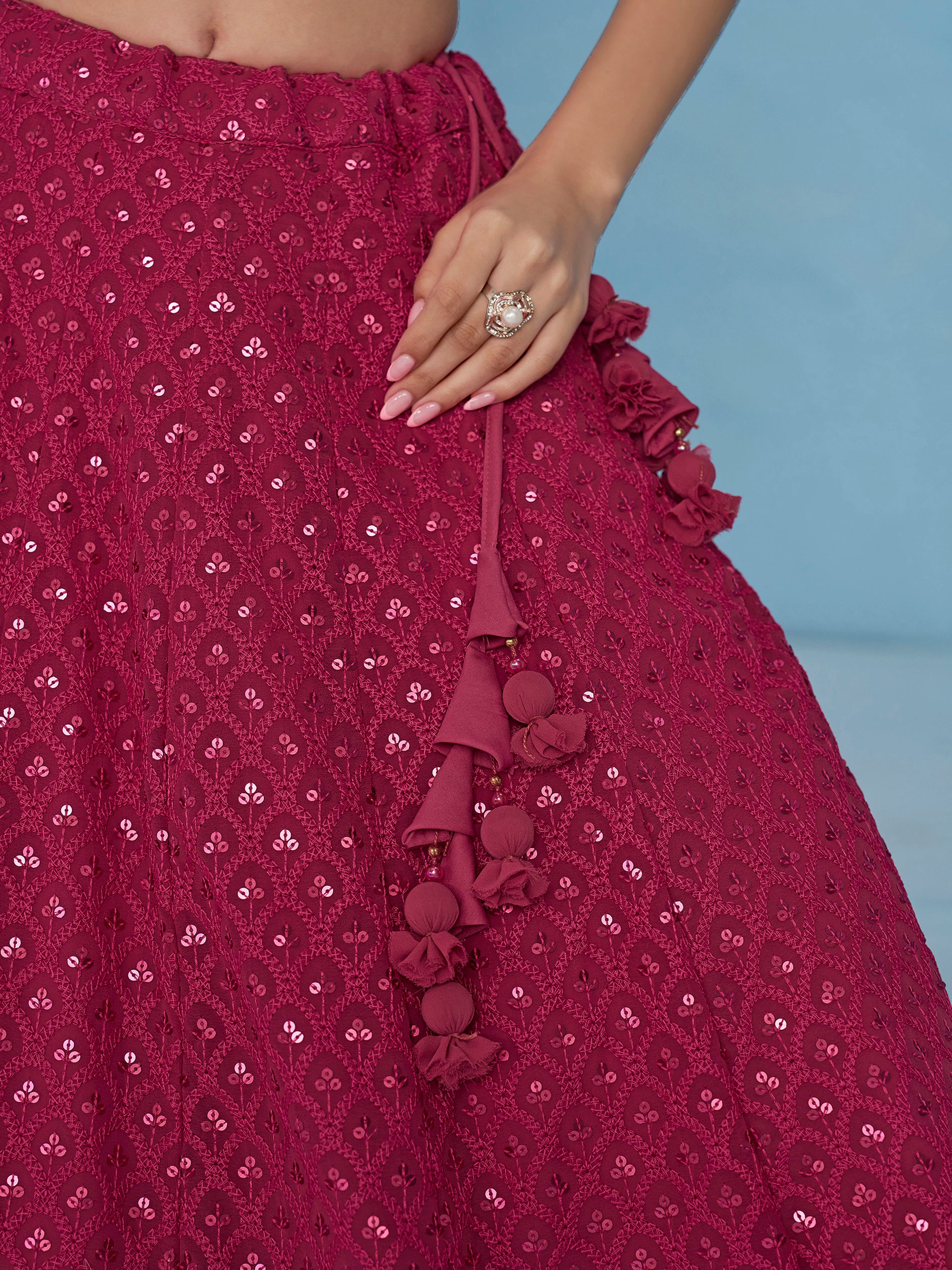 Captivating Pink Thread Work Georgette Sangeet Wear Lehenga Choli