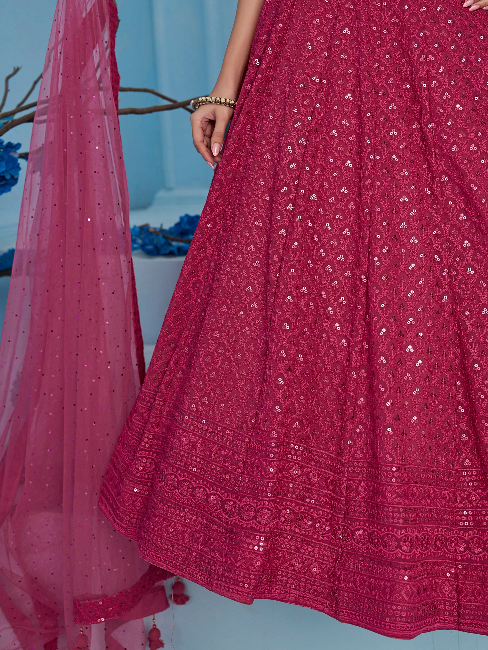Captivating Pink Thread Work Georgette Sangeet Wear Lehenga Choli