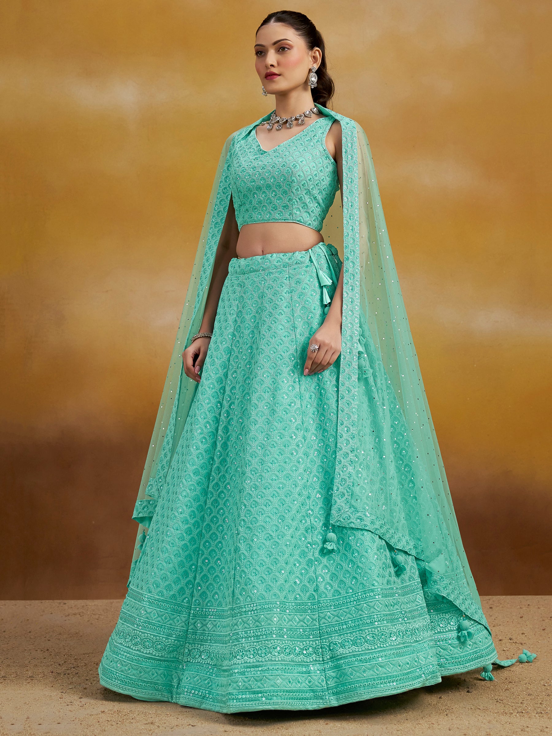 Astounding Sky-Blue Sequins Georgette Engagement Wear Lehenga Choli